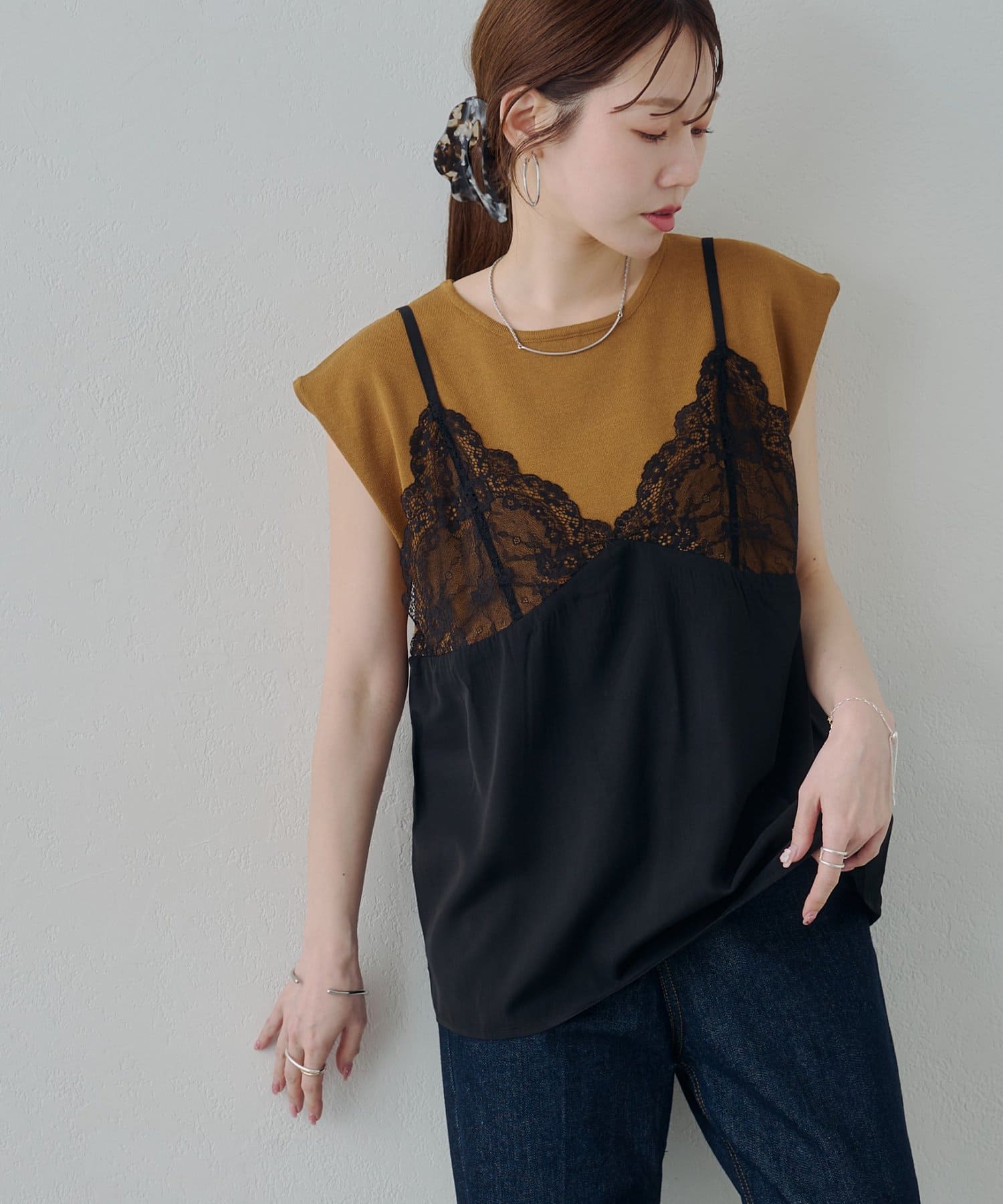 DISCOAT(ディスコート) 【Noka】レースキャミドッキング半袖ニット