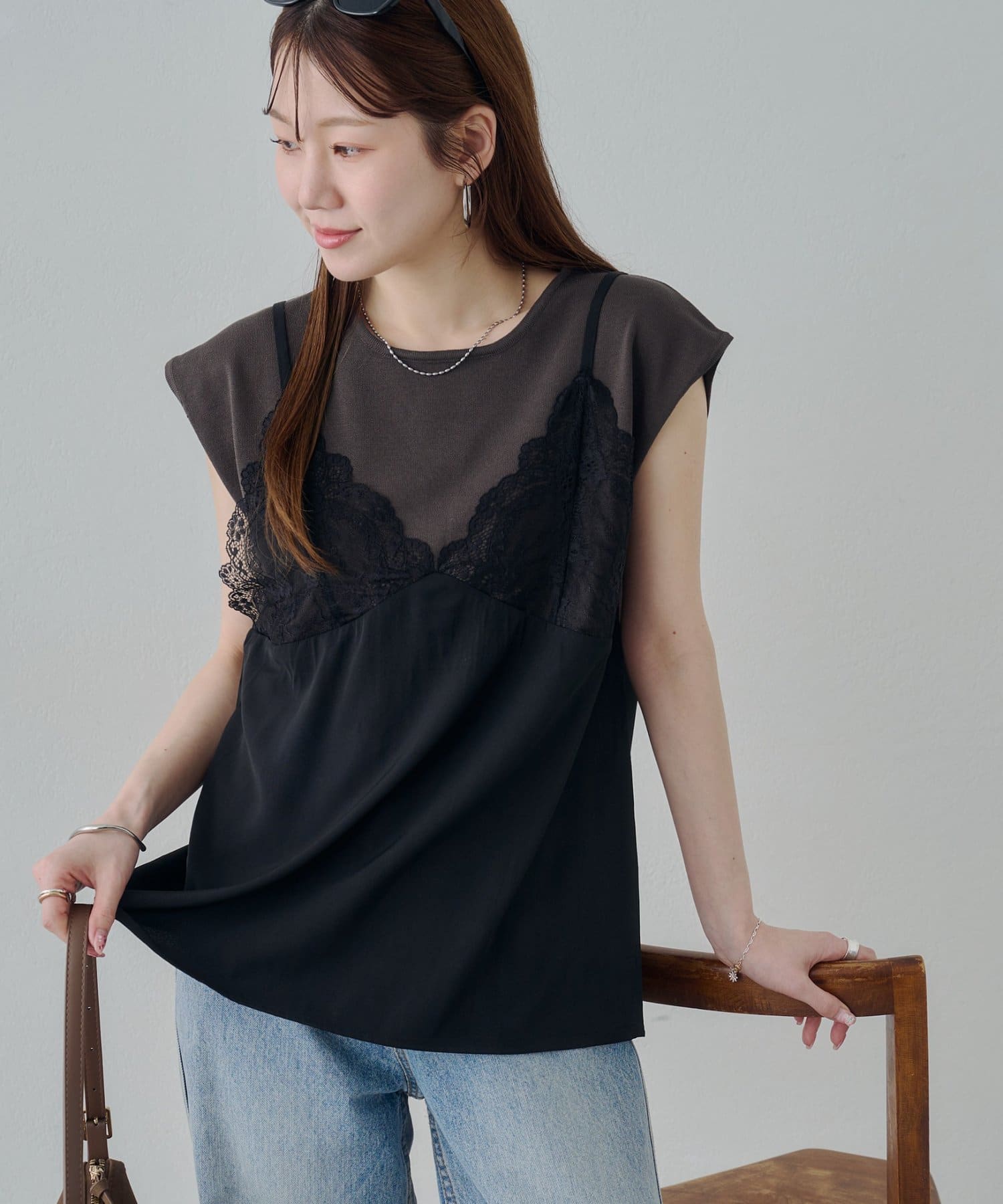 DISCOAT(ディスコート) 【Noka】レースキャミドッキング半袖ニット