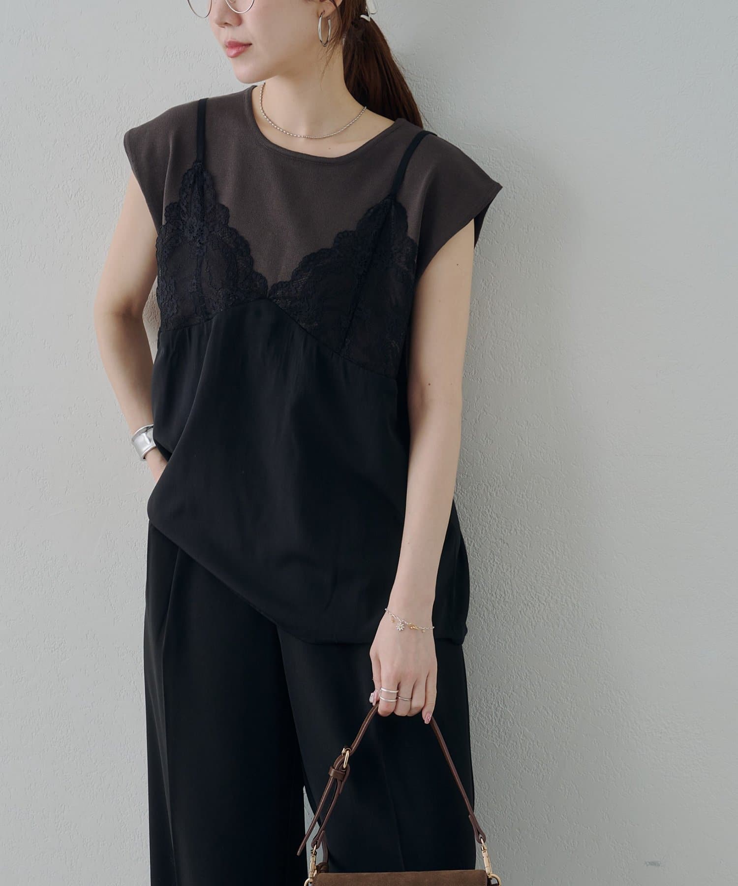 DISCOAT(ディスコート) 【Noka】レースキャミドッキング半袖ニット