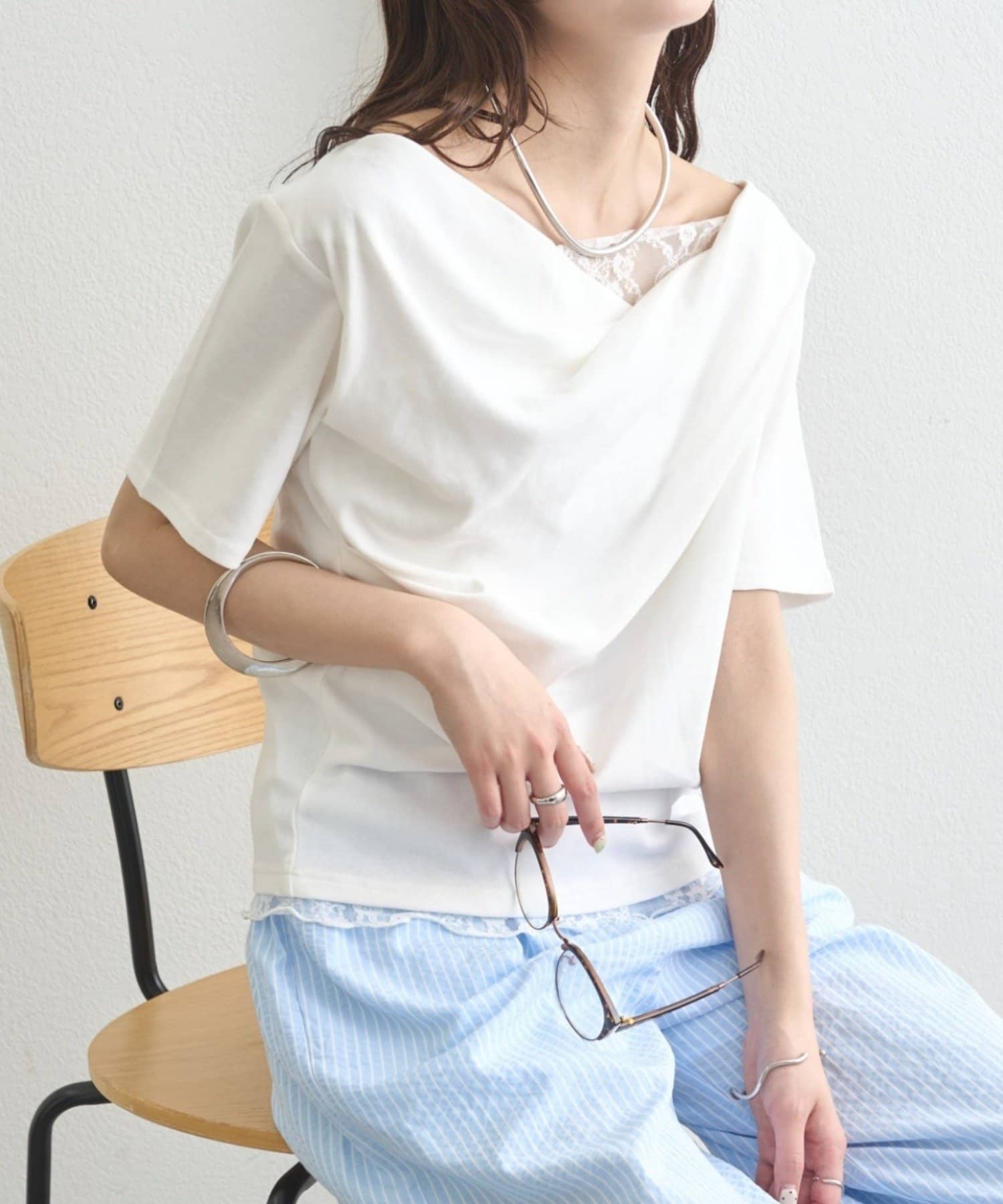 mystic(ミスティック) レースドッキングオフショル半袖Tシャツ