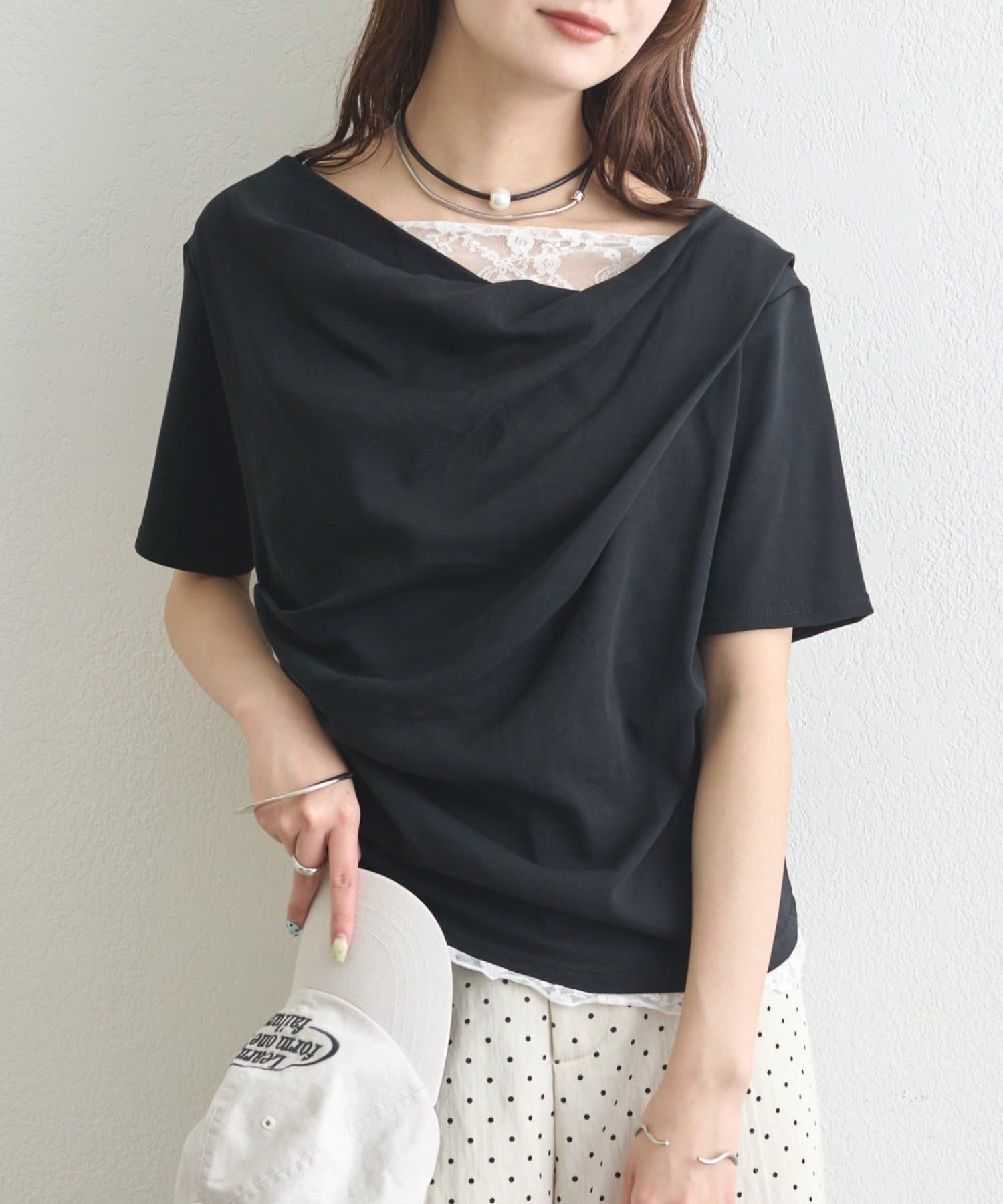 mystic(ミスティック) レースドッキングオフショル半袖Tシャツ