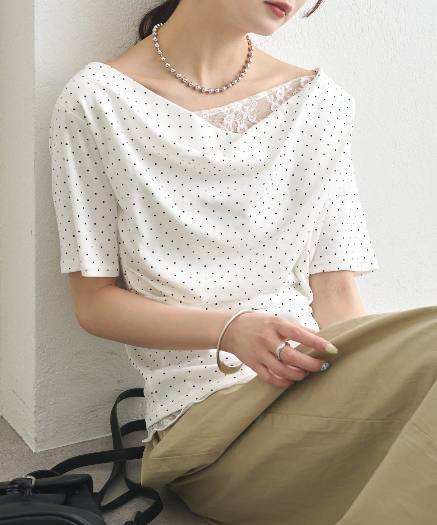 mystic(ミスティック) レースドッキングオフショル半袖Tシャツ