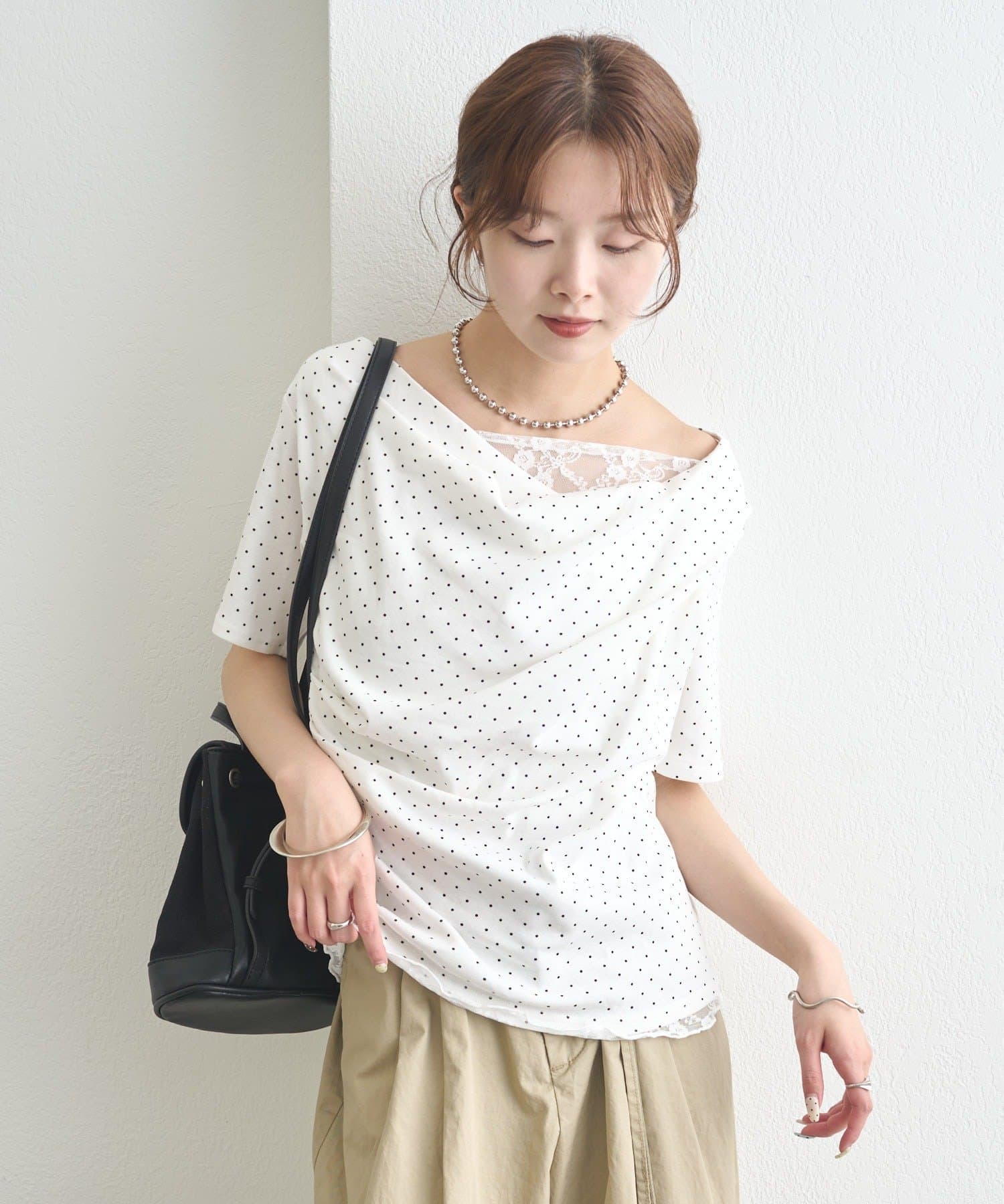 mystic(ミスティック) レースドッキングオフショル半袖Tシャツ