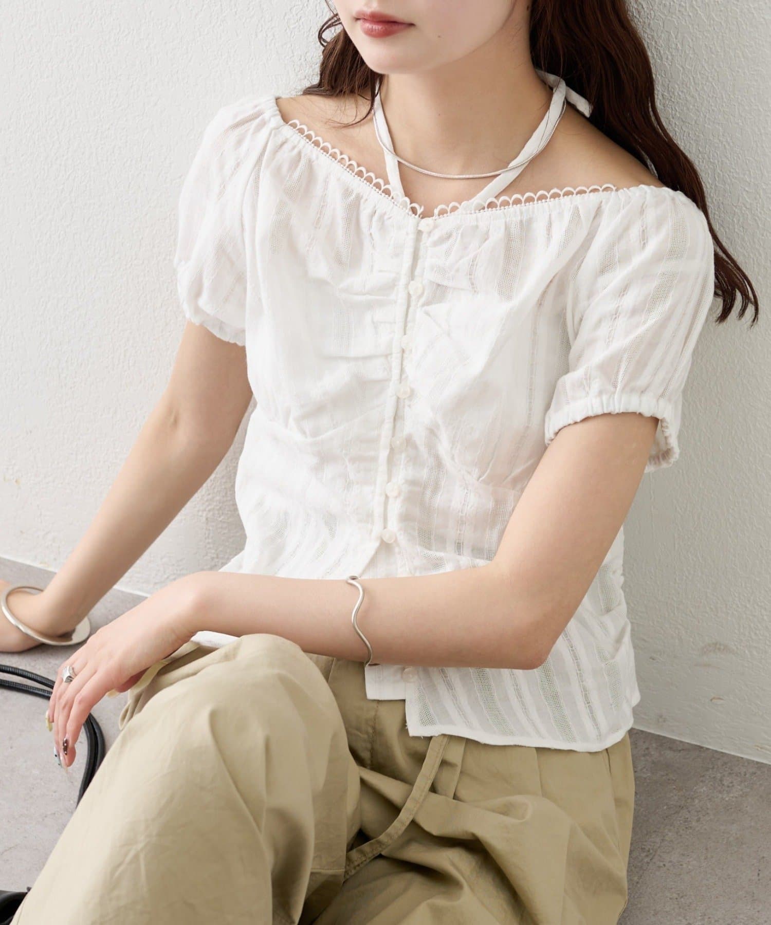 mystic(ミスティック) キャップスリーブコットンレースブラウス