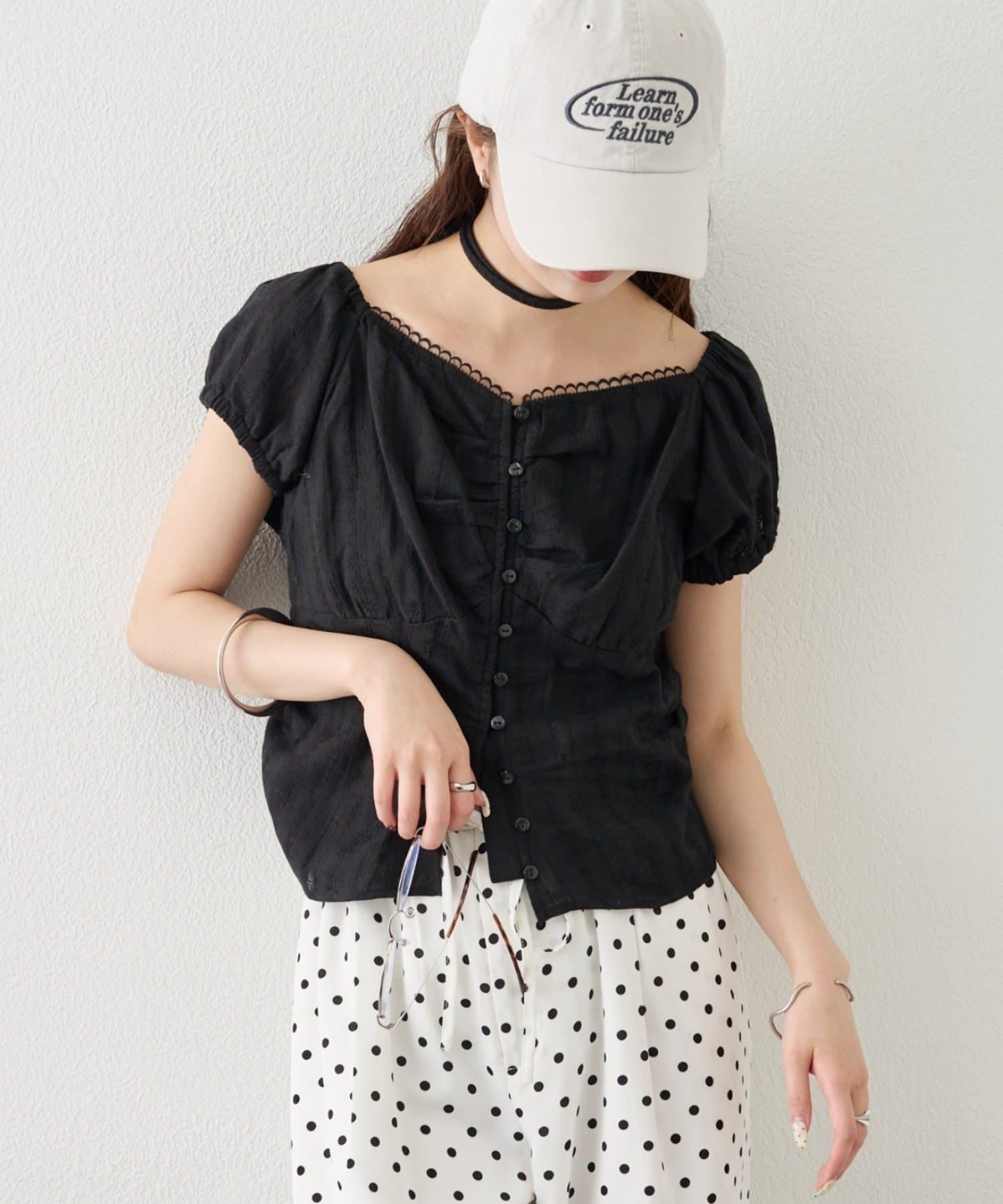 mystic(ミスティック) キャップスリーブコットンレースブラウス