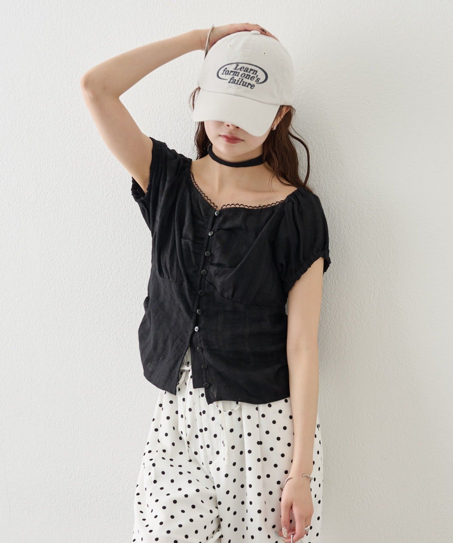 mystic(ミスティック) キャップスリーブコットンレースブラウス