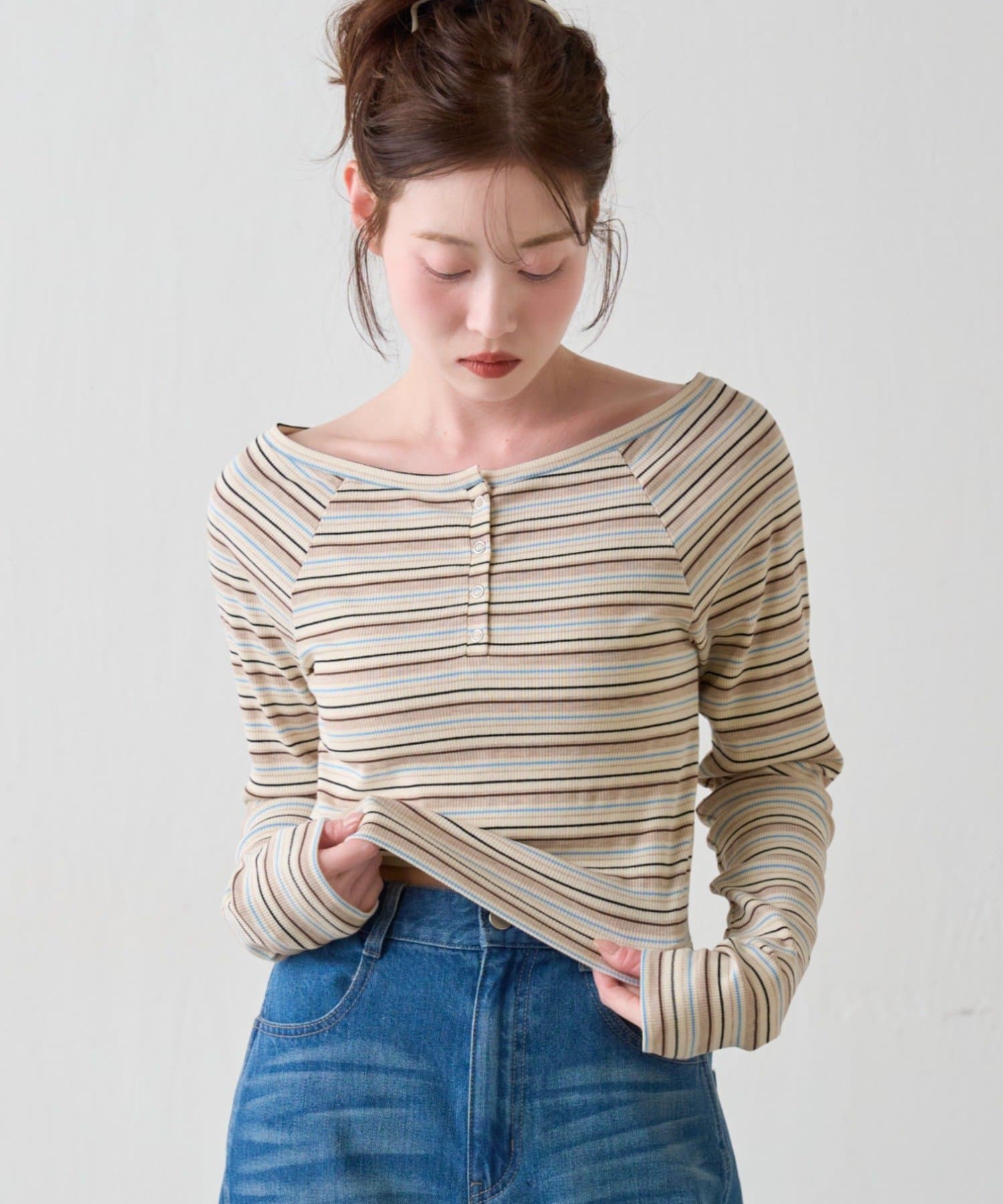 Kastane(カスタネ) 【4.5(日)0:00発売/無地&ボーダー】オフショルリブtee