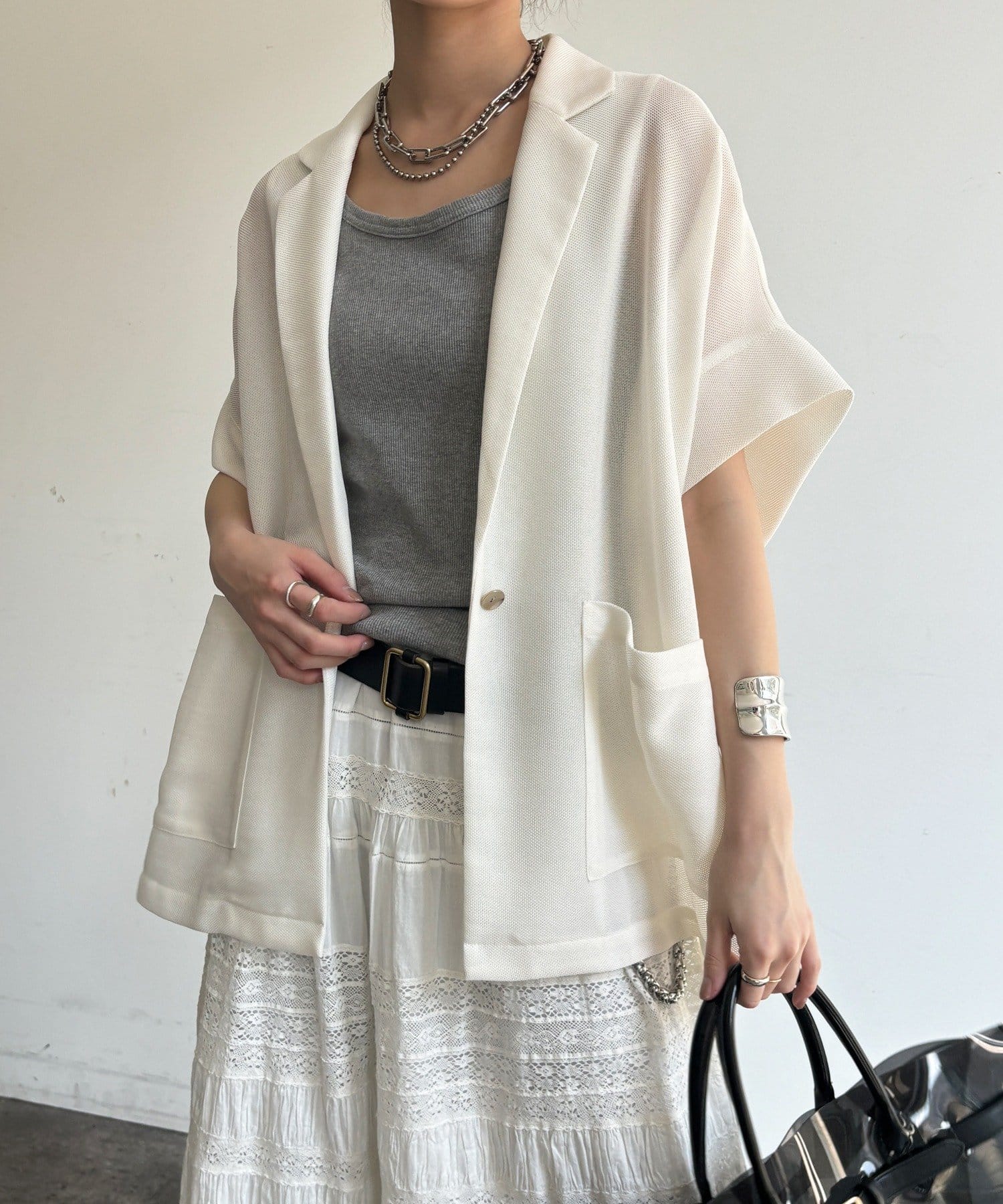 DOUDOU(ドゥドゥ) GOLD1つボタンメッシュ半袖ジャケット