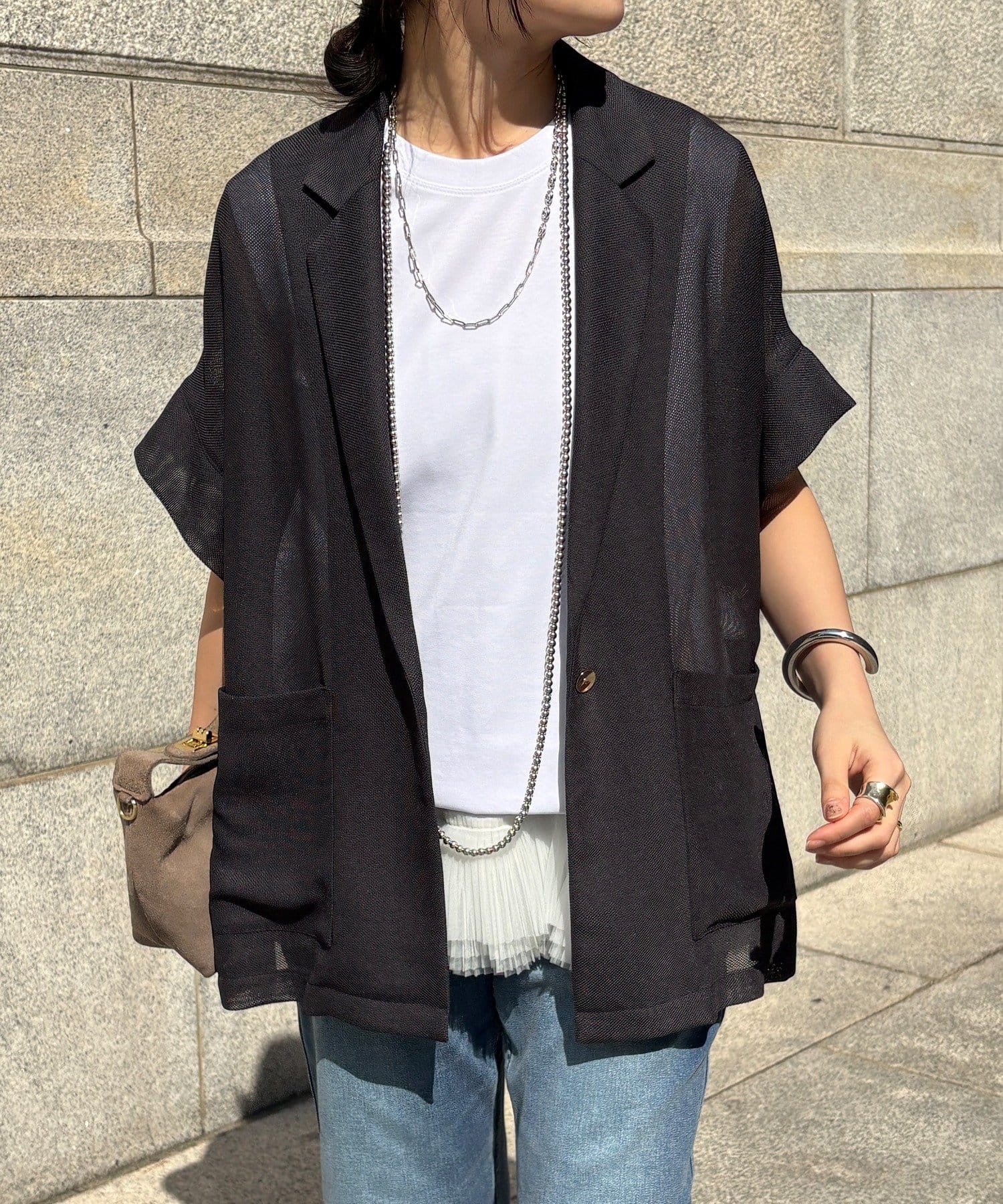 DOUDOU(ドゥドゥ) GOLD1つボタンメッシュ半袖ジャケット