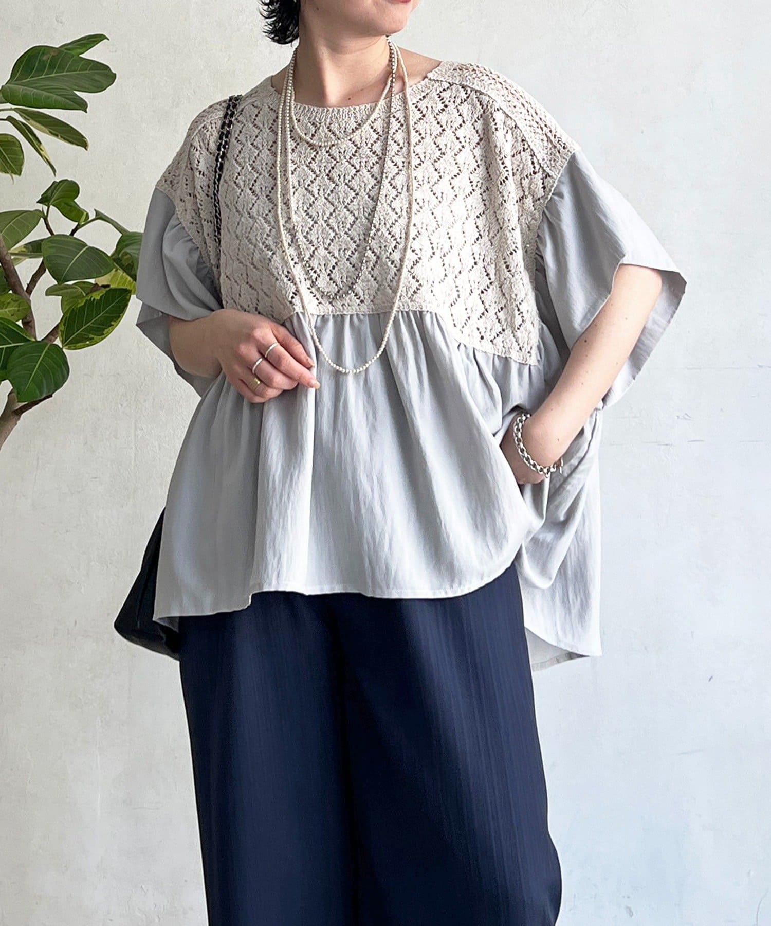 un dix cors(アンディコール) 鍵編みニット切り替えブラウス