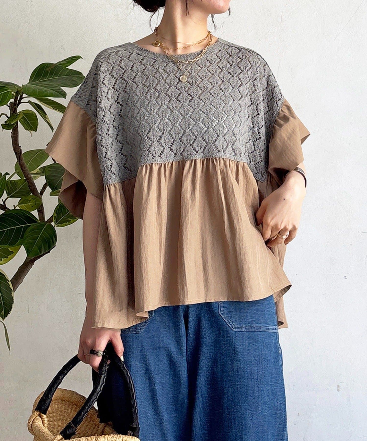 un dix cors(アンディコール) 鍵編みニット切り替えブラウス