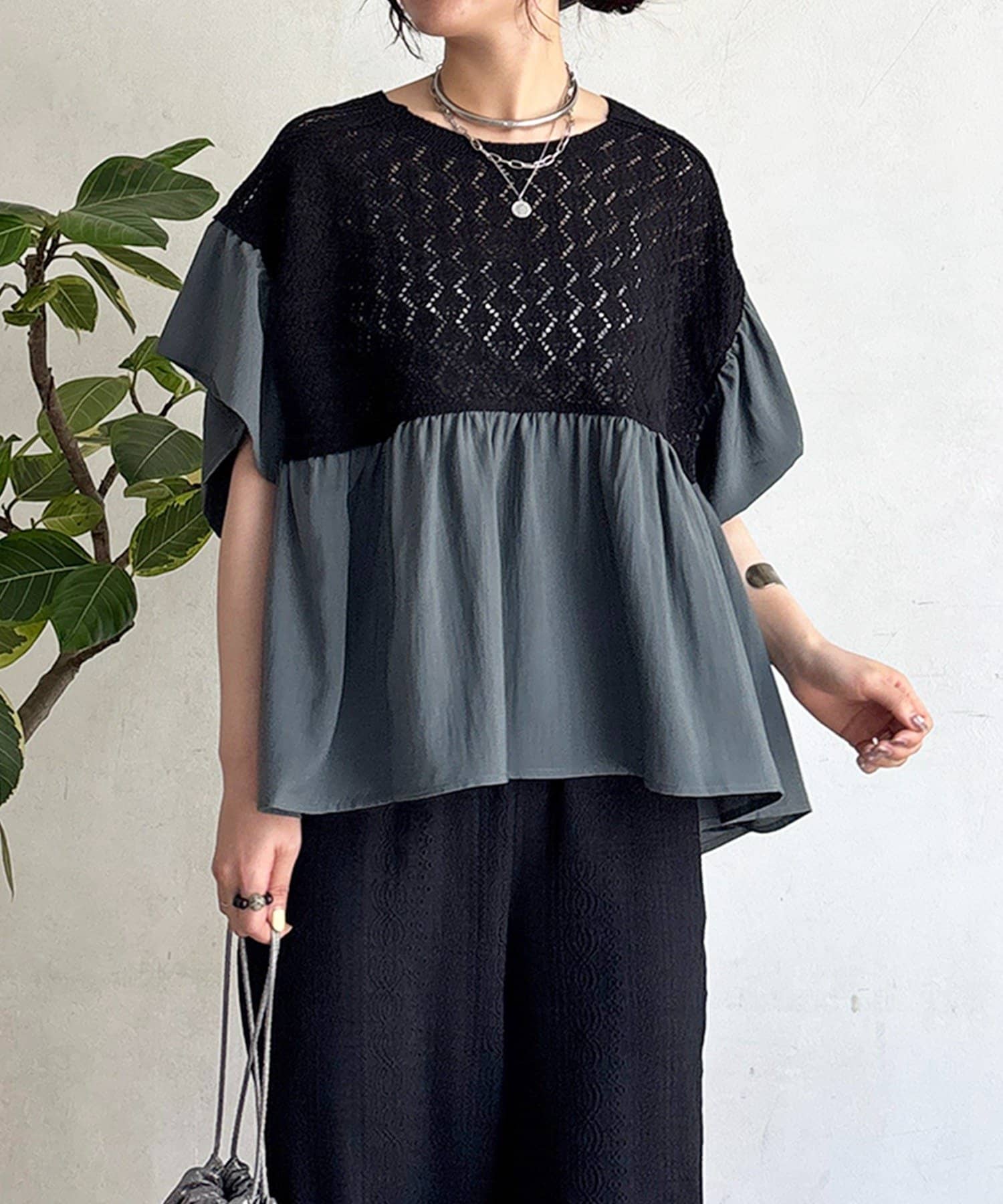 un dix cors(アンディコール) 鍵編みニット切り替えブラウス