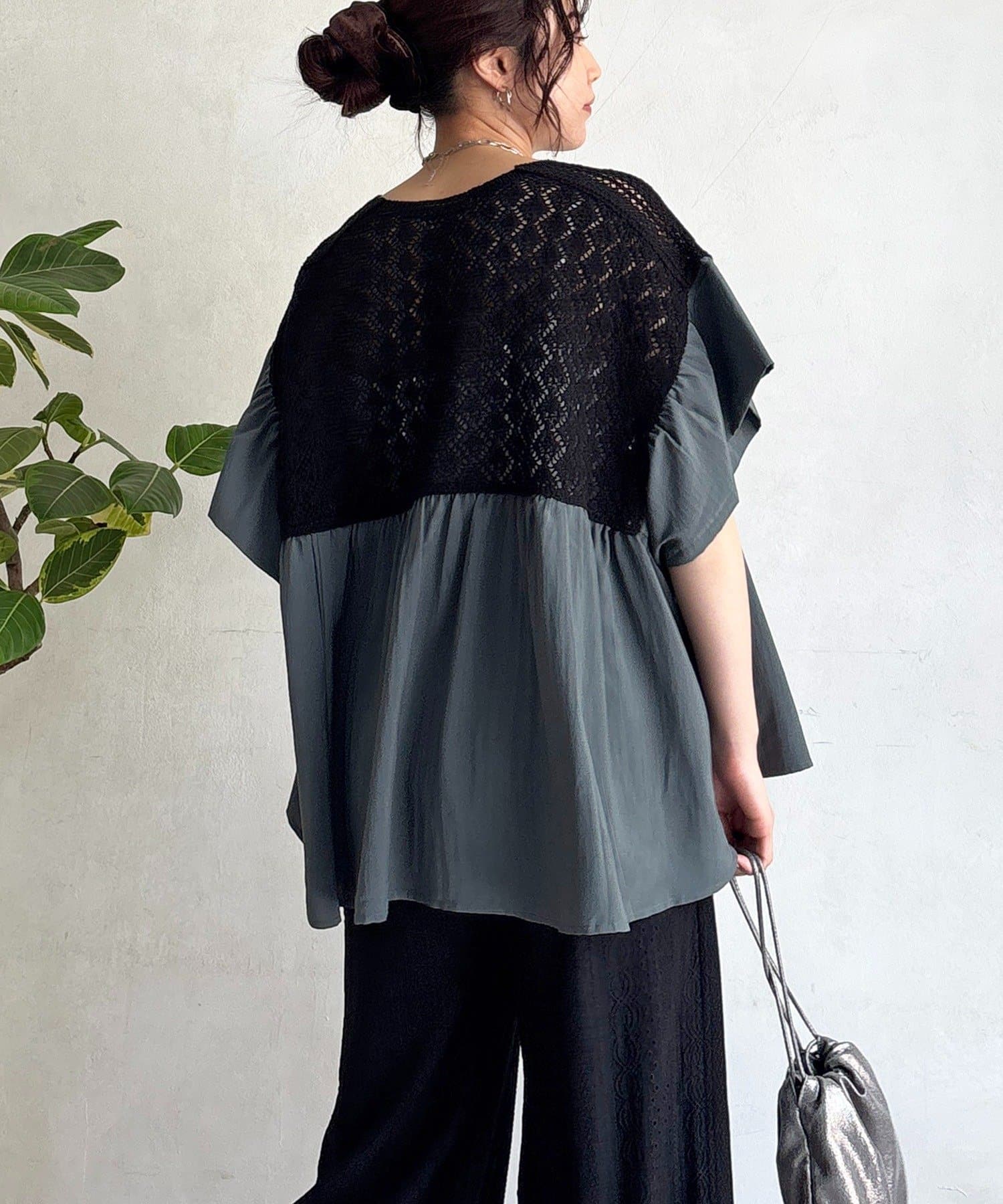 un dix cors(アンディコール) 鍵編みニット切り替えブラウス