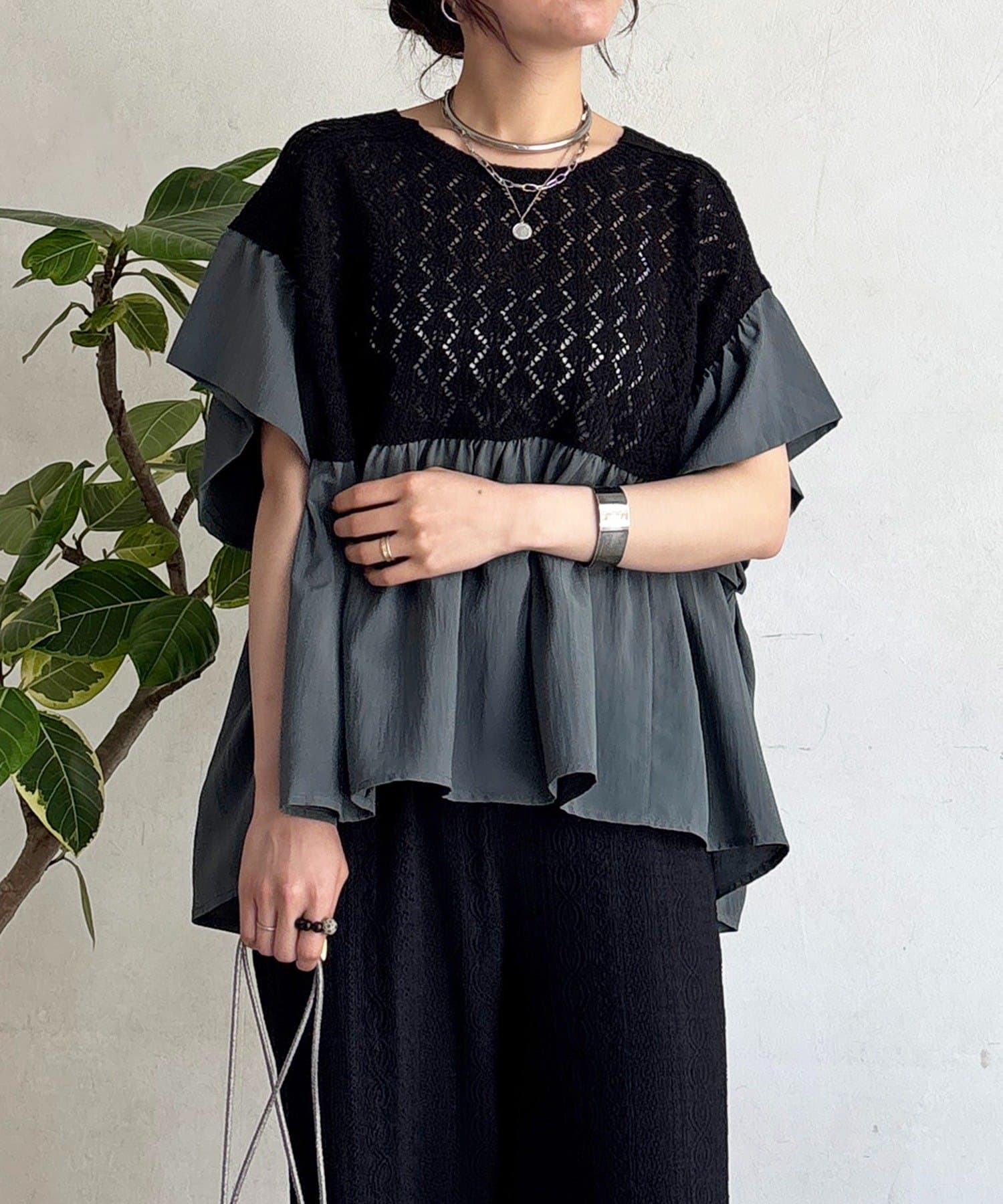 un dix cors(アンディコール) 鍵編みニット切り替えブラウス