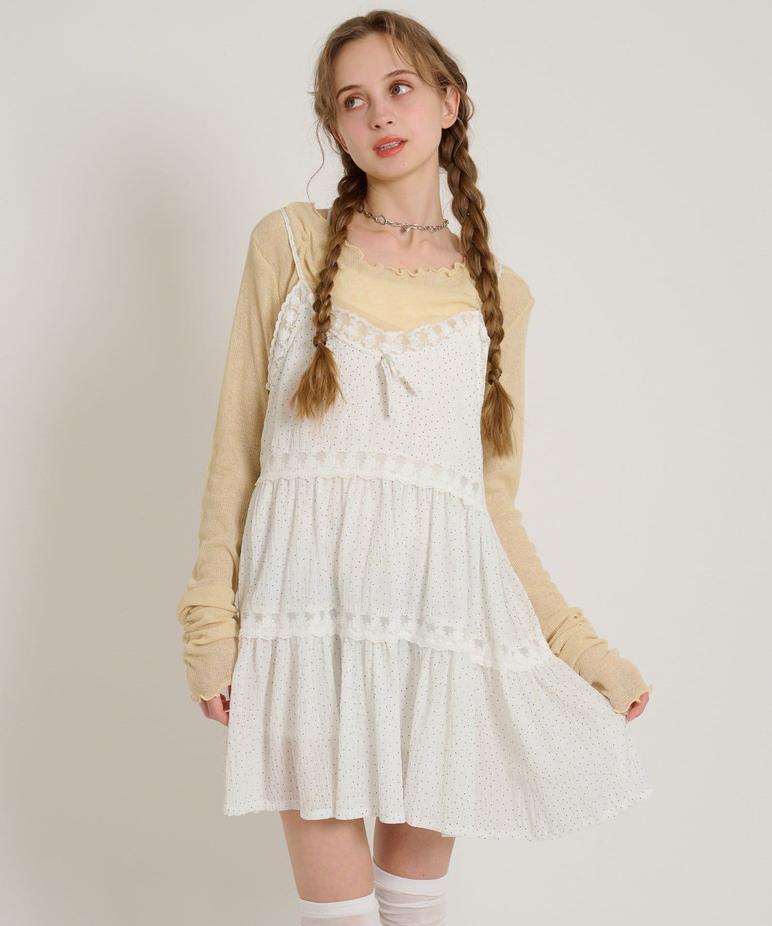 w closet(ダブルクローゼット) 【5色展開/花柄・ドット】レース使いミニキャミワンピース