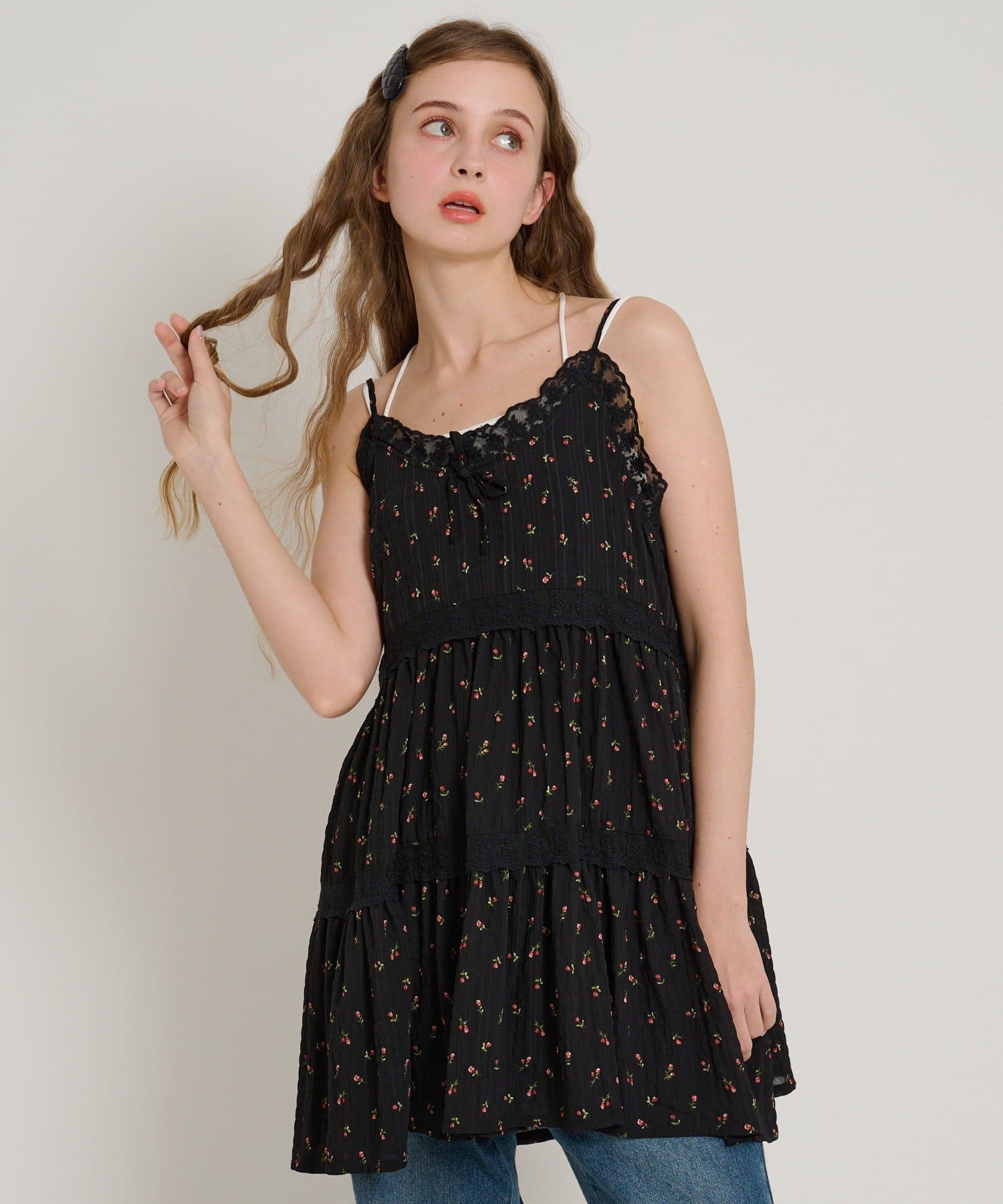 w closet(ダブルクローゼット) 【5色展開/花柄・ドット】レース使いミニキャミワンピース