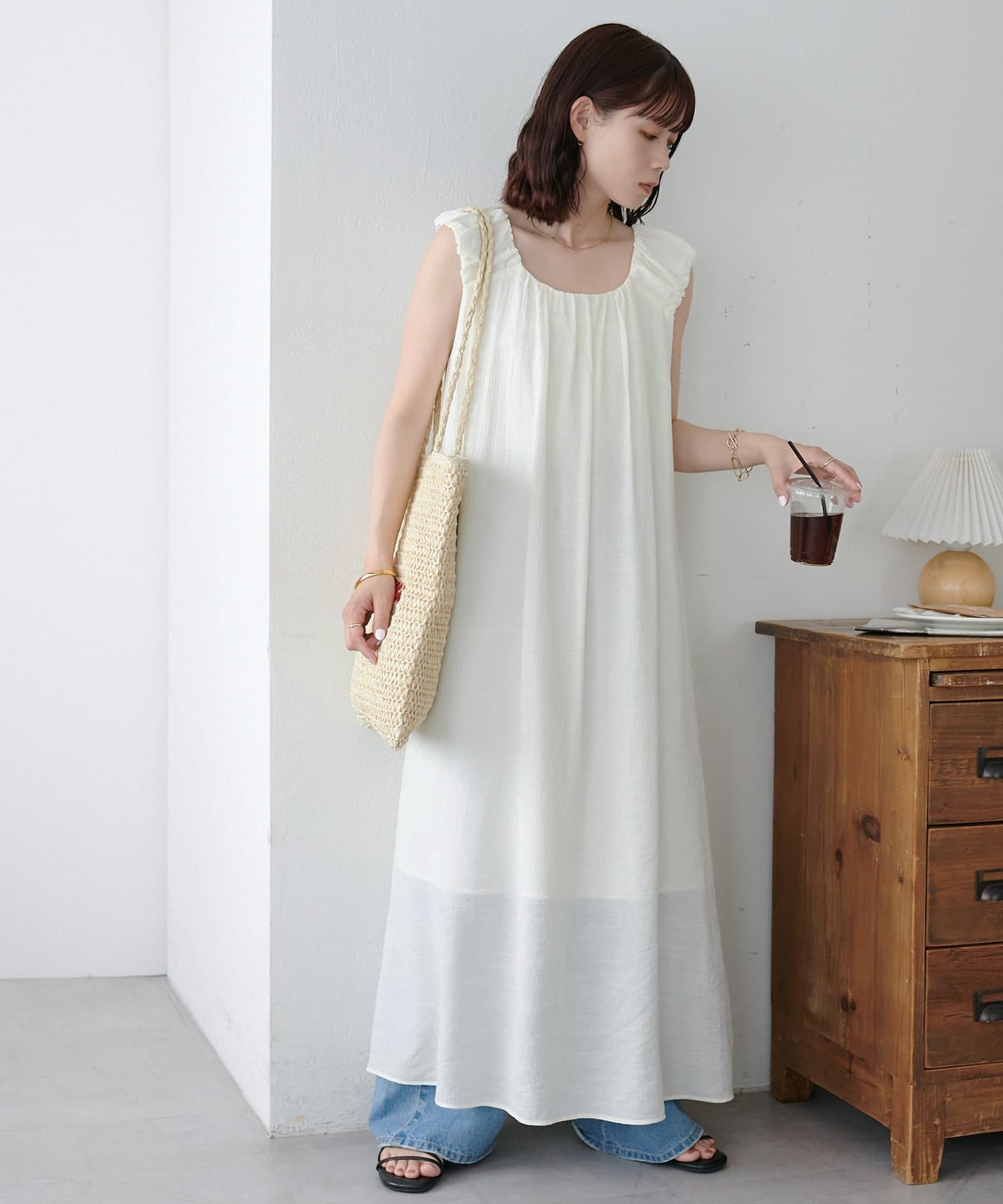 DISCOAT(ディスコート) 【WEB限定】肩ギャザーノースリワンピース