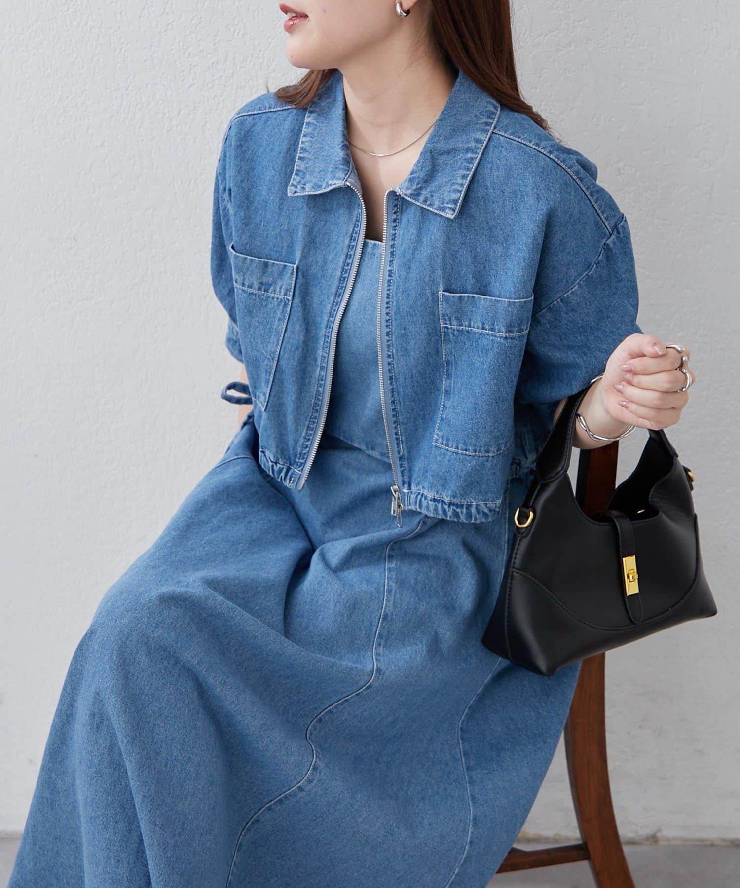 Remind me and forever(リマインドミーアンドフォーエバー) 【きれいめセットアップ】デニム5分袖ブルゾン＋キャミワンピース