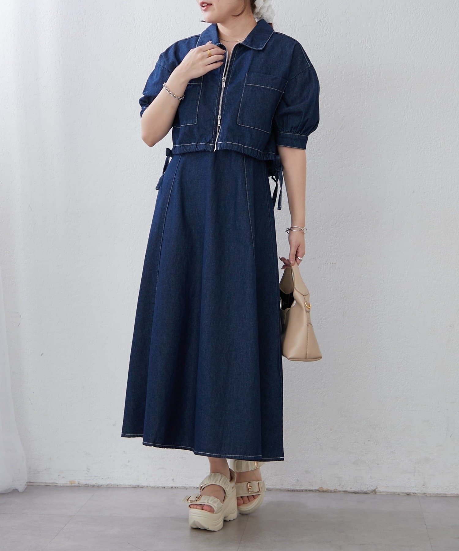 Remind me and forever(リマインドミーアンドフォーエバー) 【きれいめセットアップ】デニム5分袖ブルゾン＋キャミワンピース