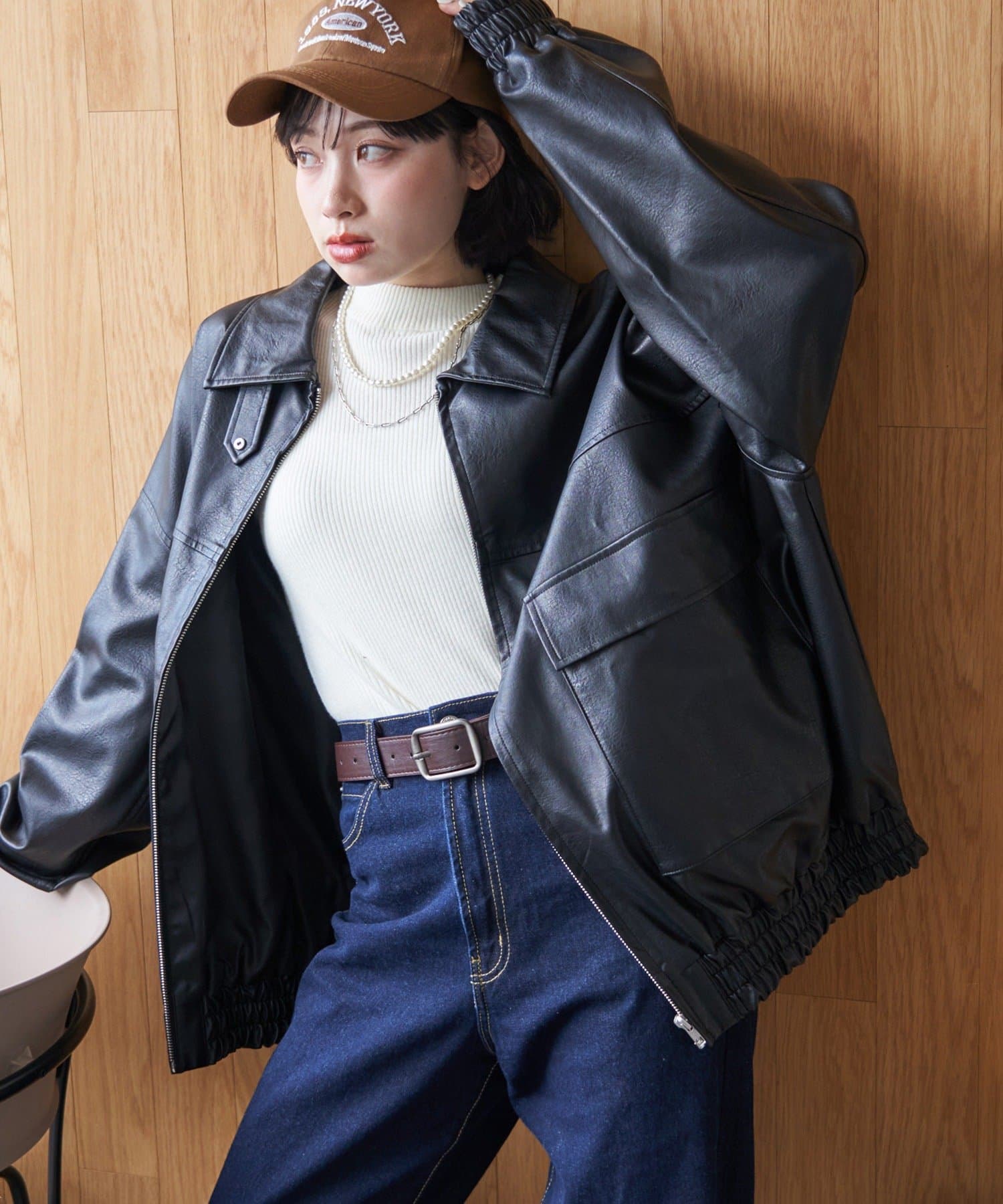 NICE CLAUP / OLIVE des OLIVE OUTLET(ナイスクラップ  / オリーブ デ オリーブ アウトレット) 【RMAF】ヴィンテージ加工合皮ブルゾン