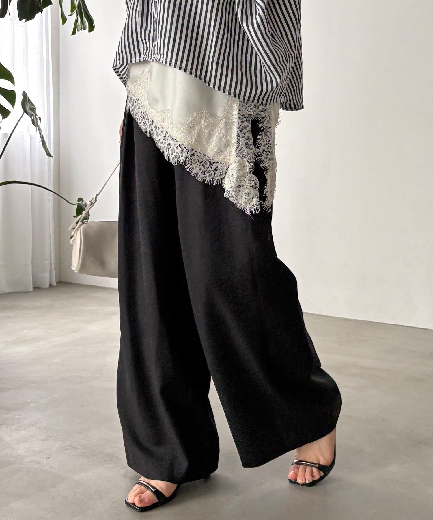 DOUDOU(ドゥドゥ) 【セットアップ可能】リネン混タックワイドパンツ