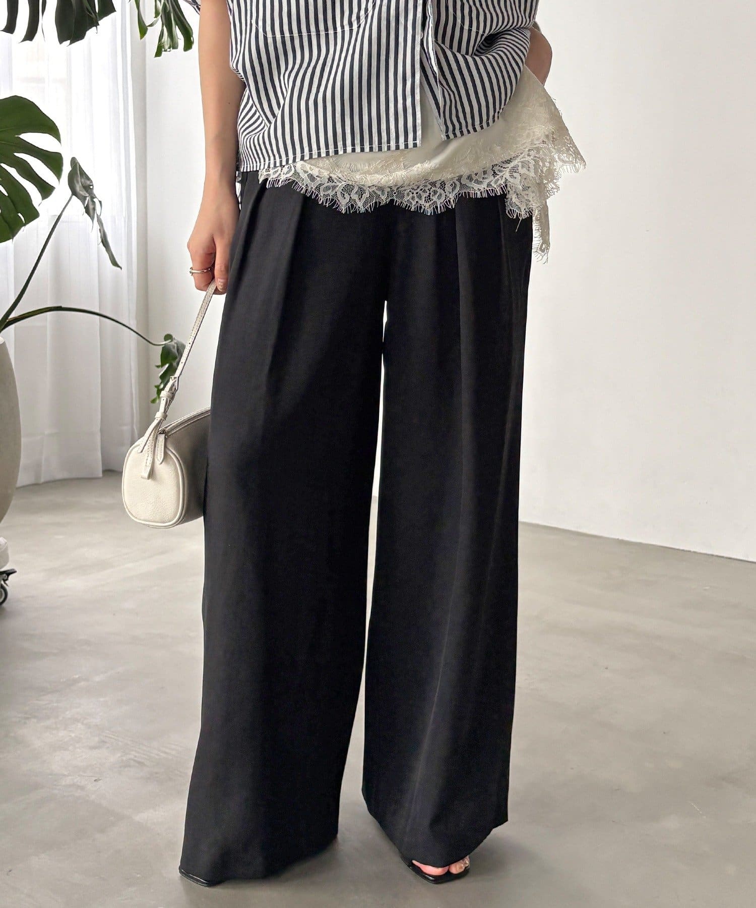 DOUDOU(ドゥドゥ) 【セットアップ可能】リネン混タックワイドパンツ