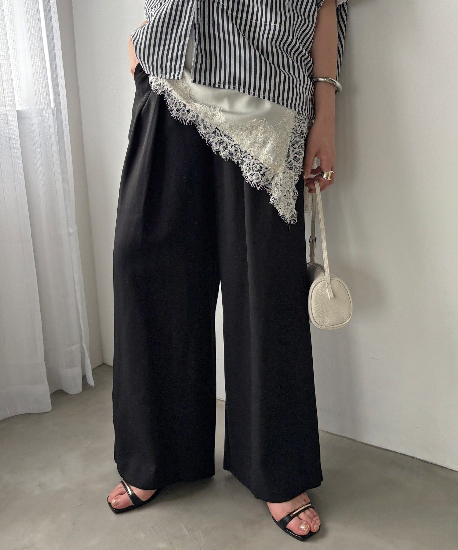 DOUDOU(ドゥドゥ) 【セットアップ可能】リネン混タックワイドパンツ