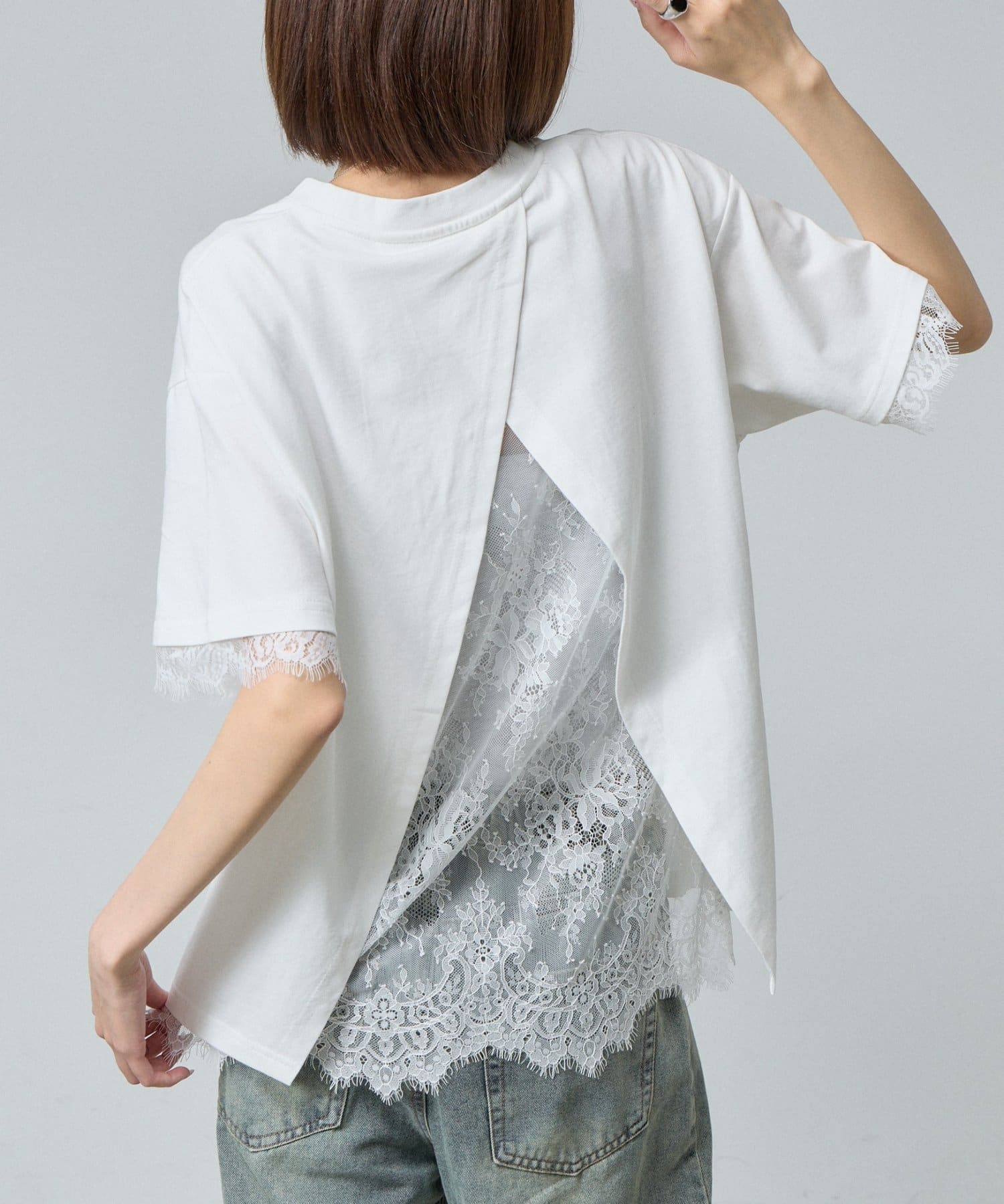 -goocy-(グーシー) バックスリットレース切替Tシャツ