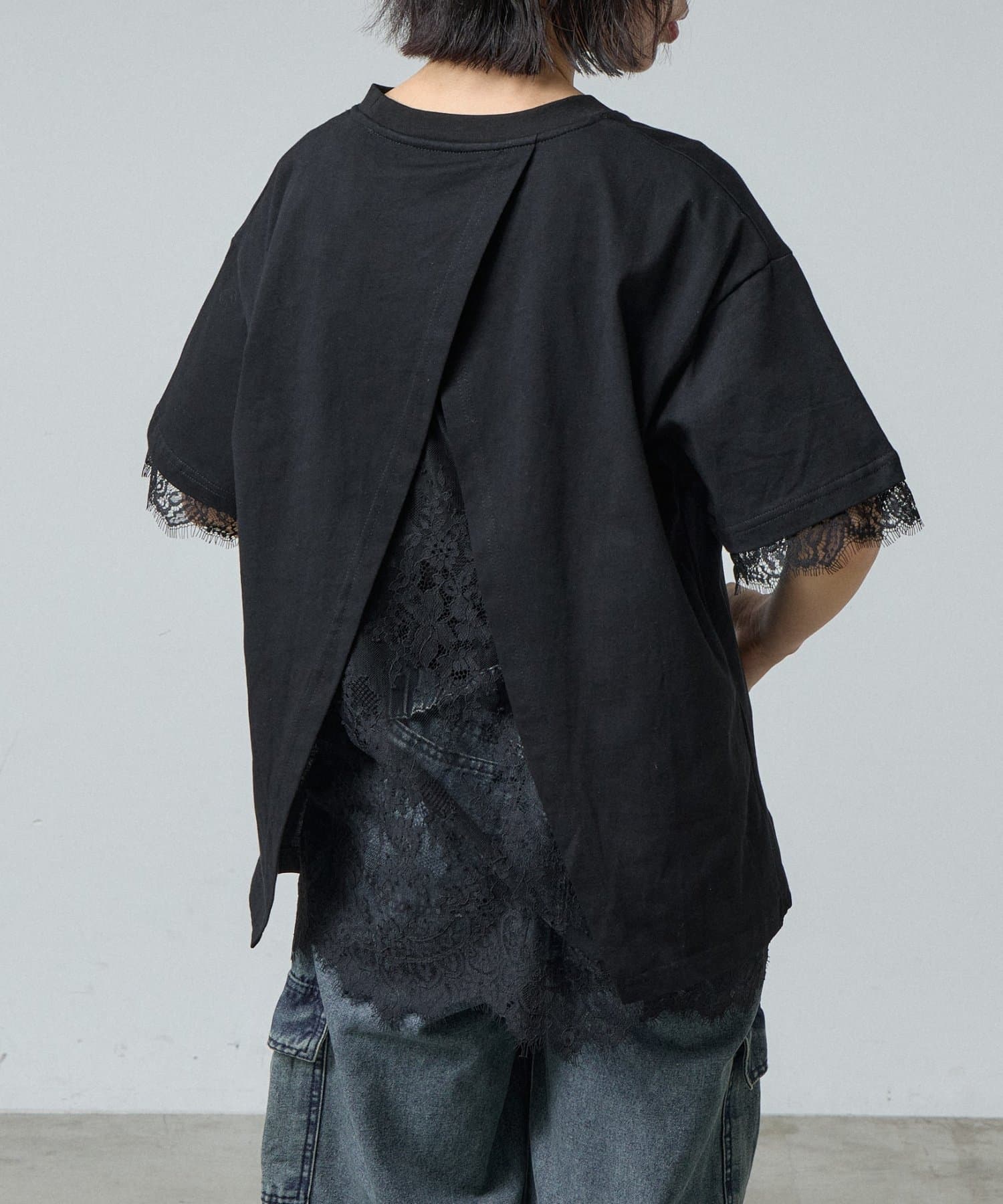-goocy-(グーシー) バックスリットレース切替Tシャツ