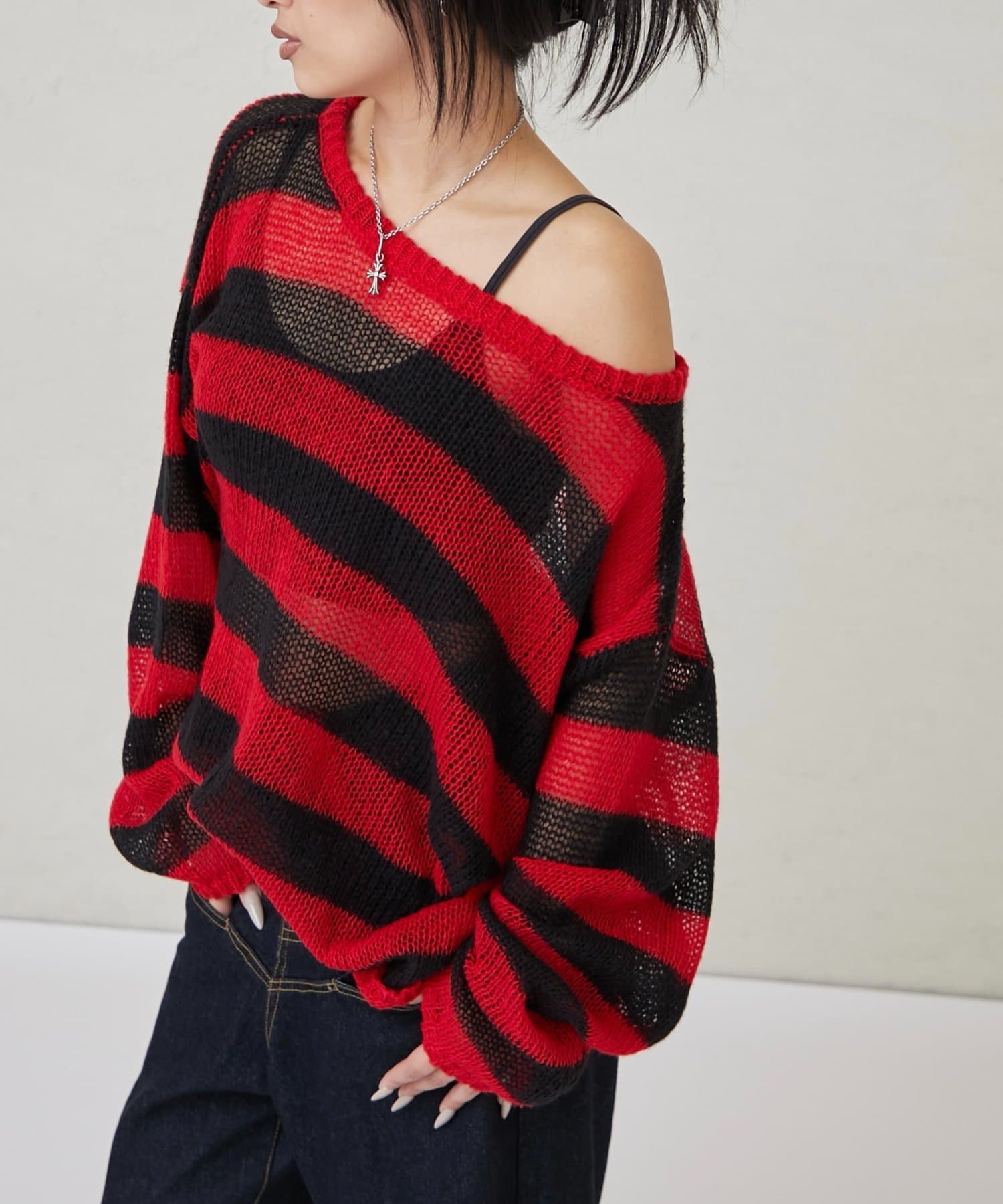 OUTLET(アウトレット) 【WHO'S WHO gallery】ワイドボーダーメッシュニット