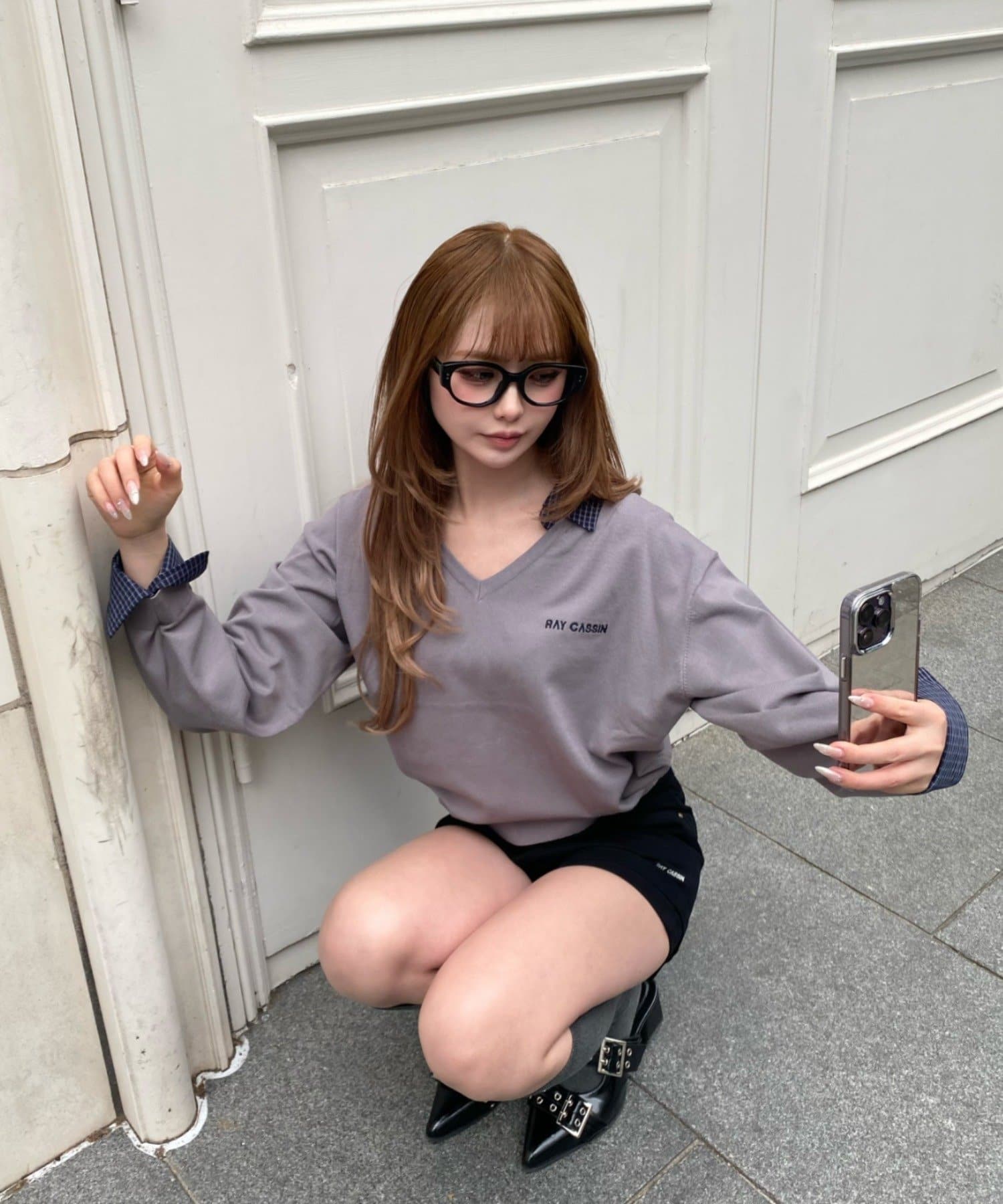 OUTLET(アウトレット) 【RAY CASSIN】襟付V胸刺繍ニット