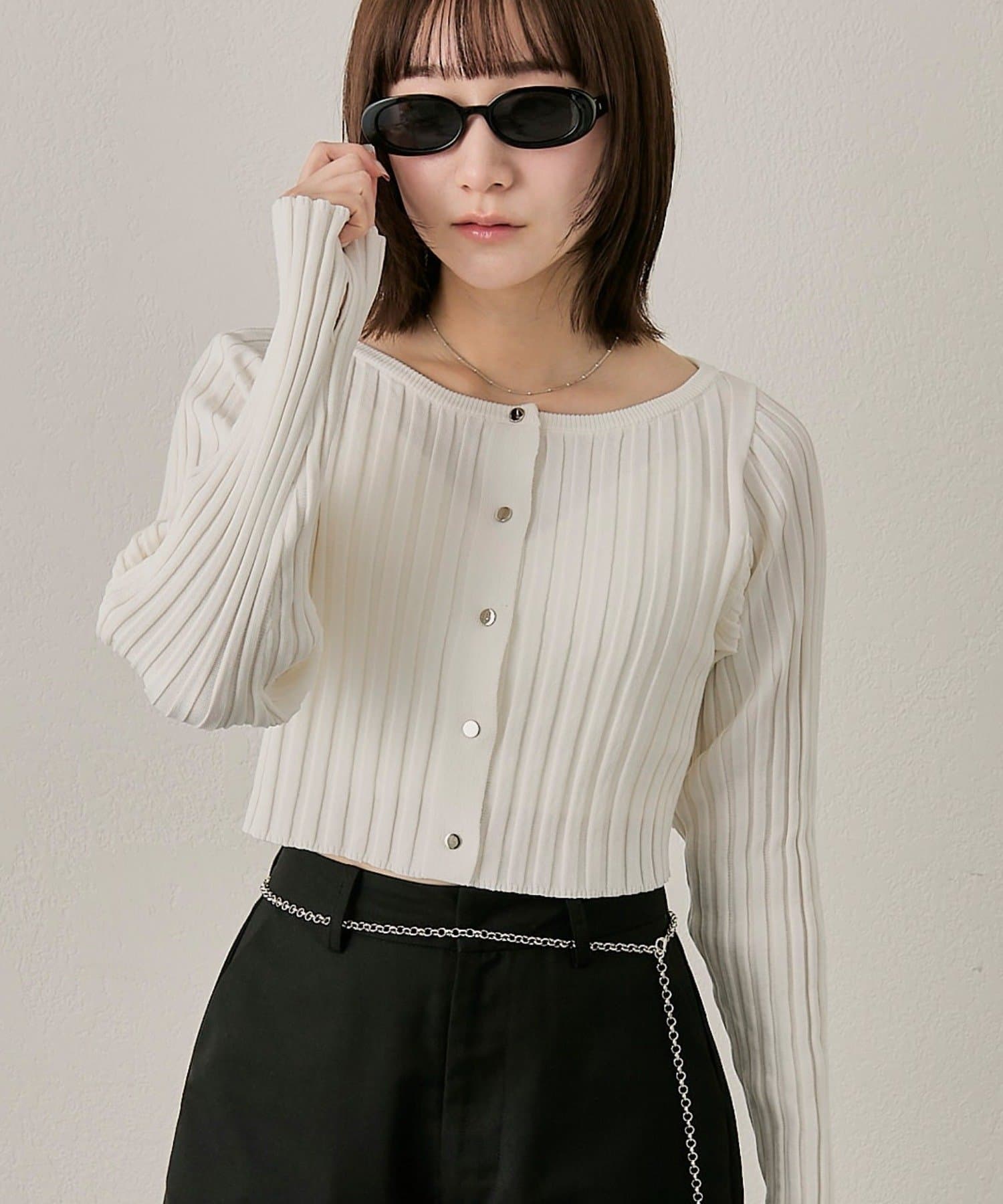 OUTLET(アウトレット) 【mline】ロゴプレート リブカーディガン