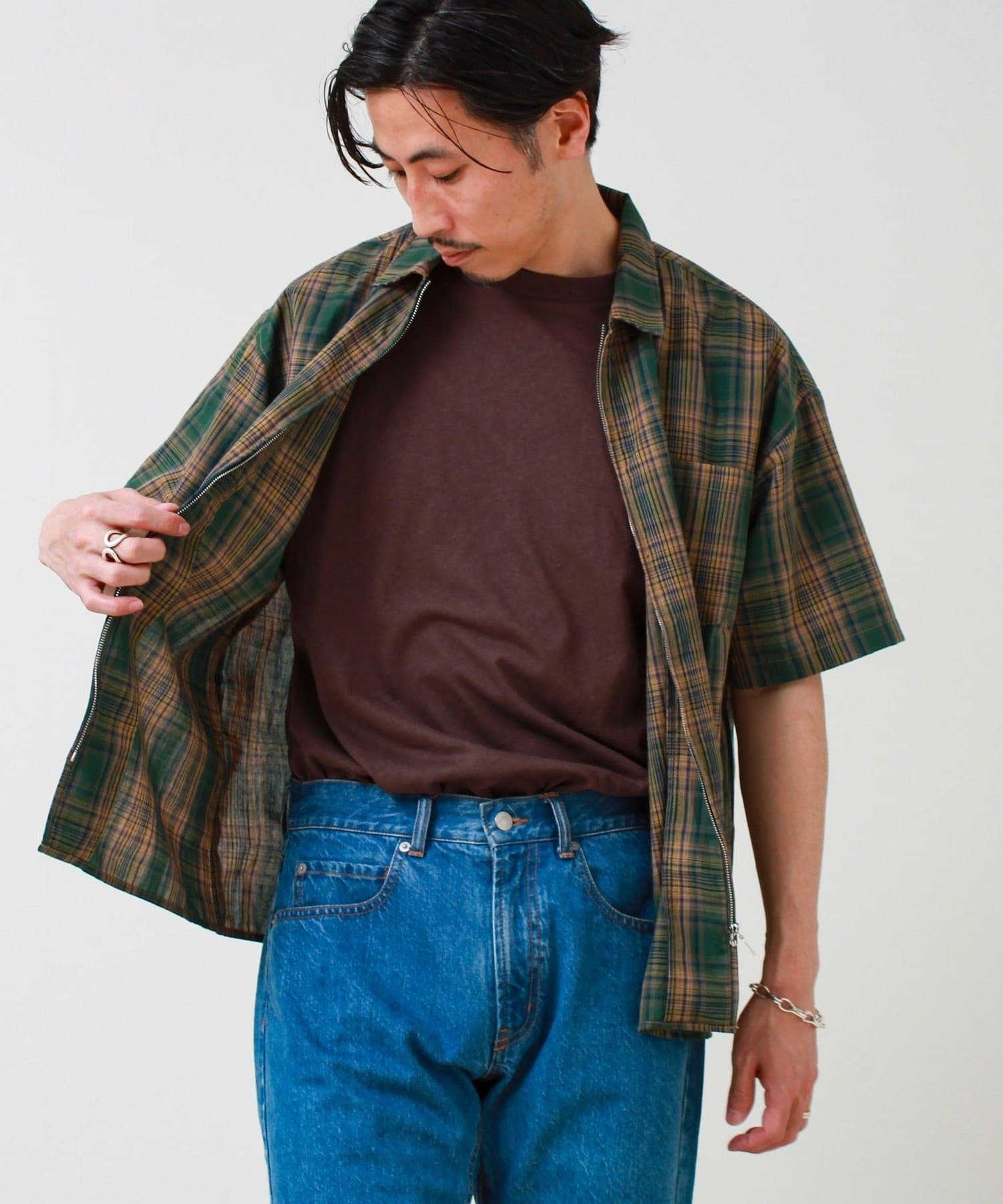 FREDY & GLOSTER(フレディ アンド グロスター) 【軽羽織りにおすすめ】シアーチェック 半袖ZIPシャツ