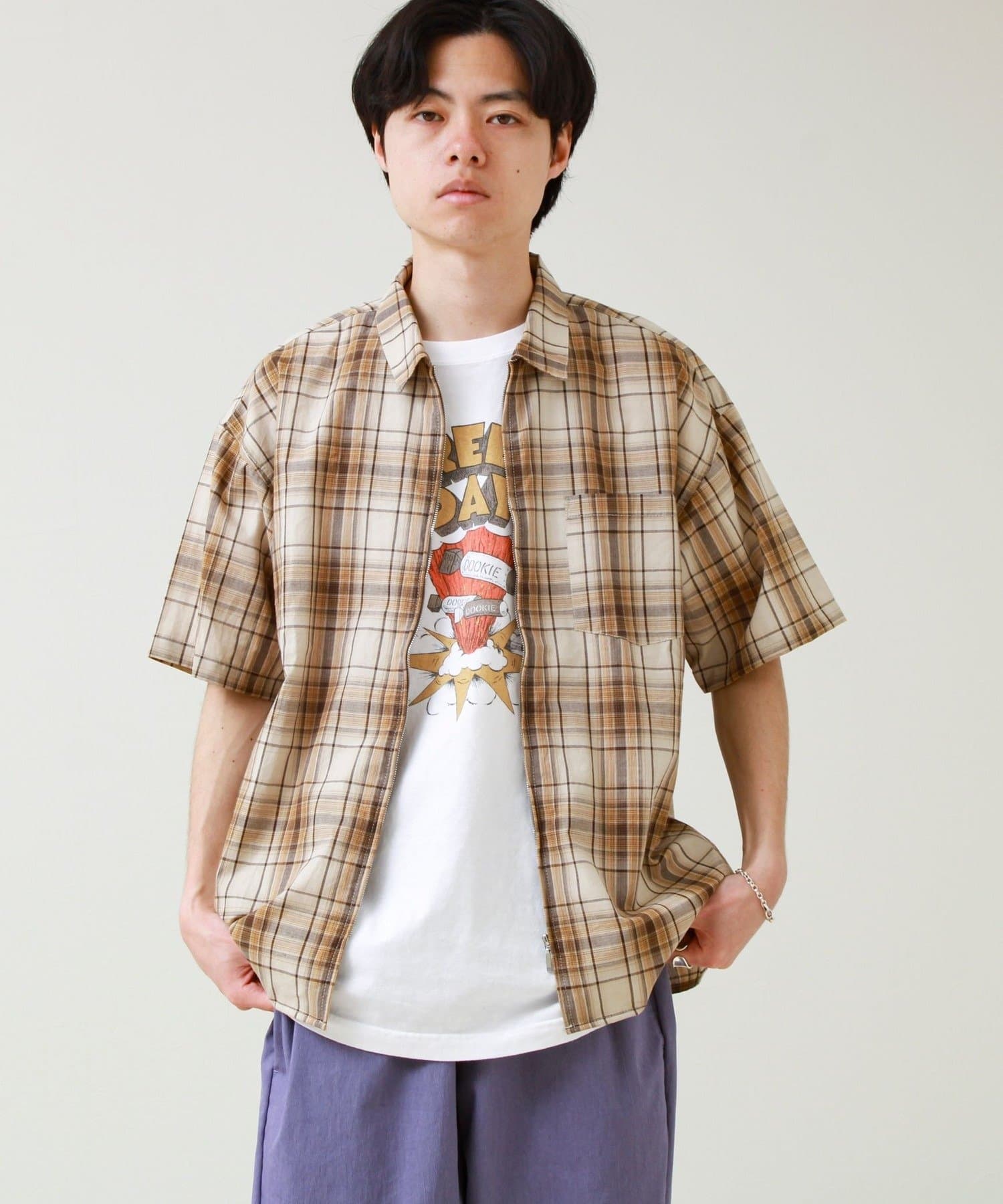 FREDY & GLOSTER(フレディ アンド グロスター) 【軽羽織りにおすすめ】シアーチェック 半袖ZIPシャツ