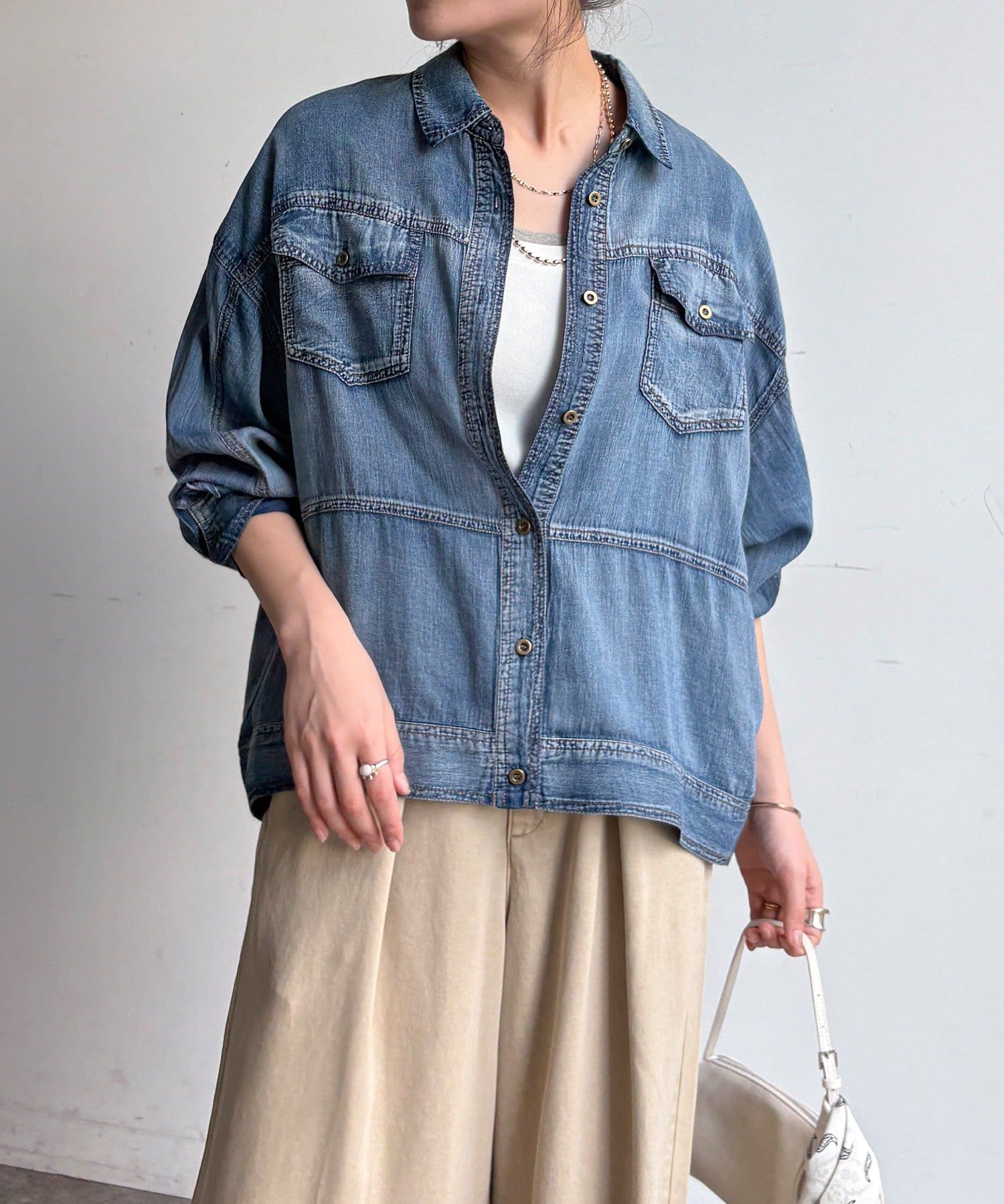 DOUDOU(ドゥドゥ) 【WEB限定】シアーデニムブルゾンシャツ