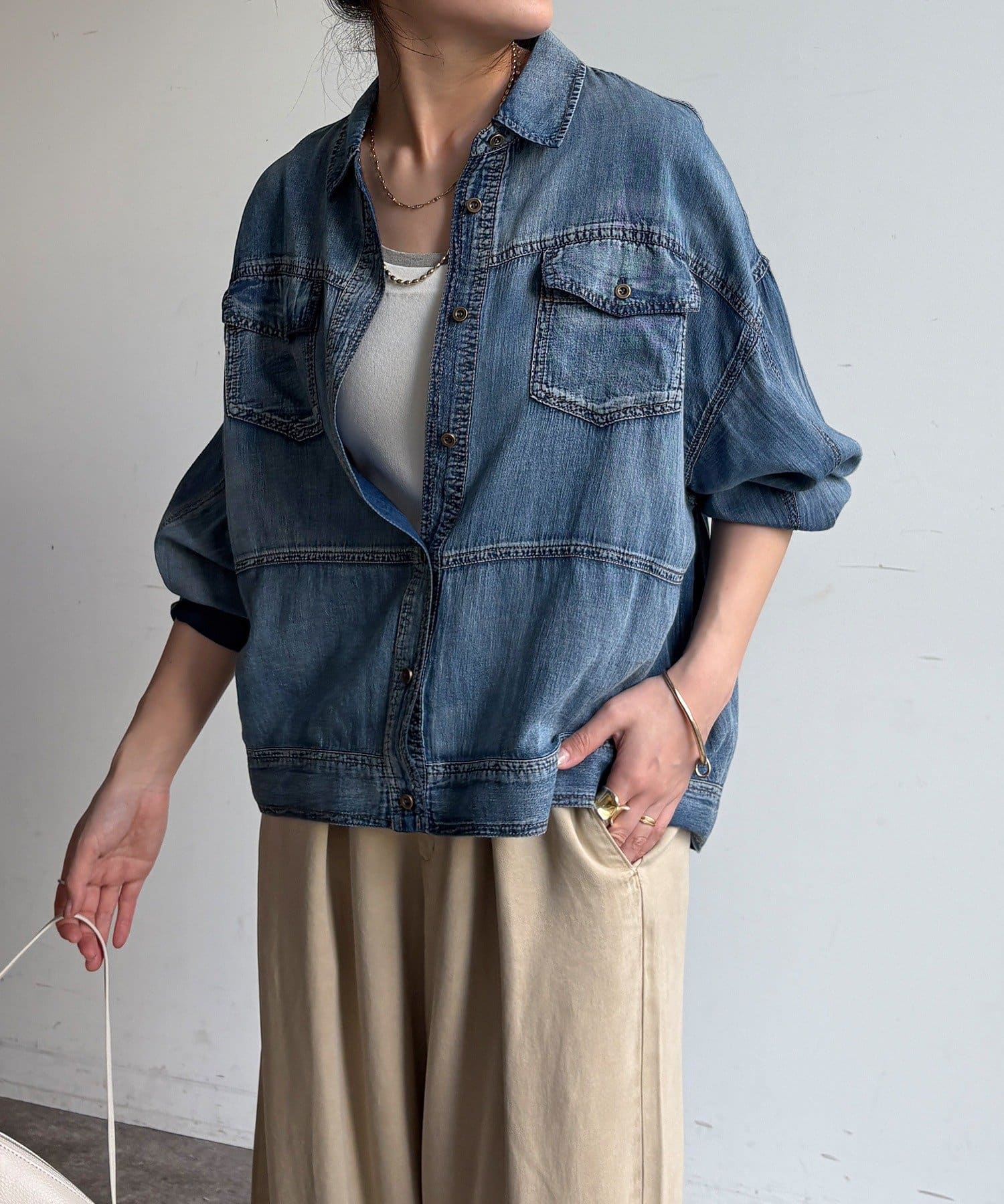 DOUDOU(ドゥドゥ) 【WEB限定】シアーデニムブルゾンシャツ