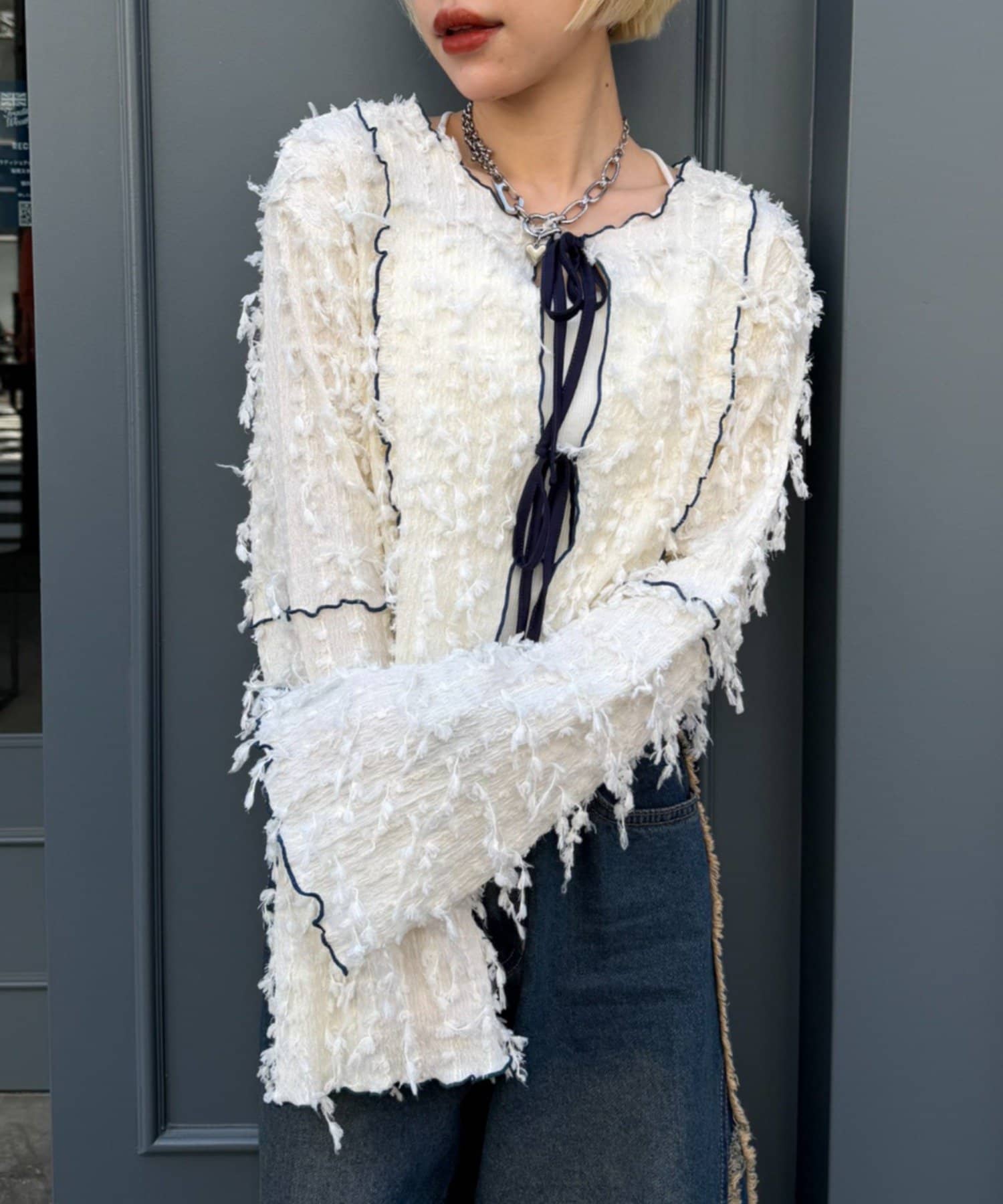 w closet(ダブルクローゼット) フリンジ前リボンボレロ