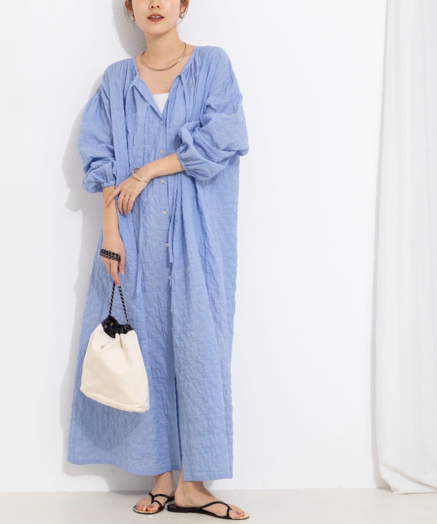 NOLLEY'S(ノーリーズ) ウォッシャブルシャーリングストライプ2WAYギャザーワンピース