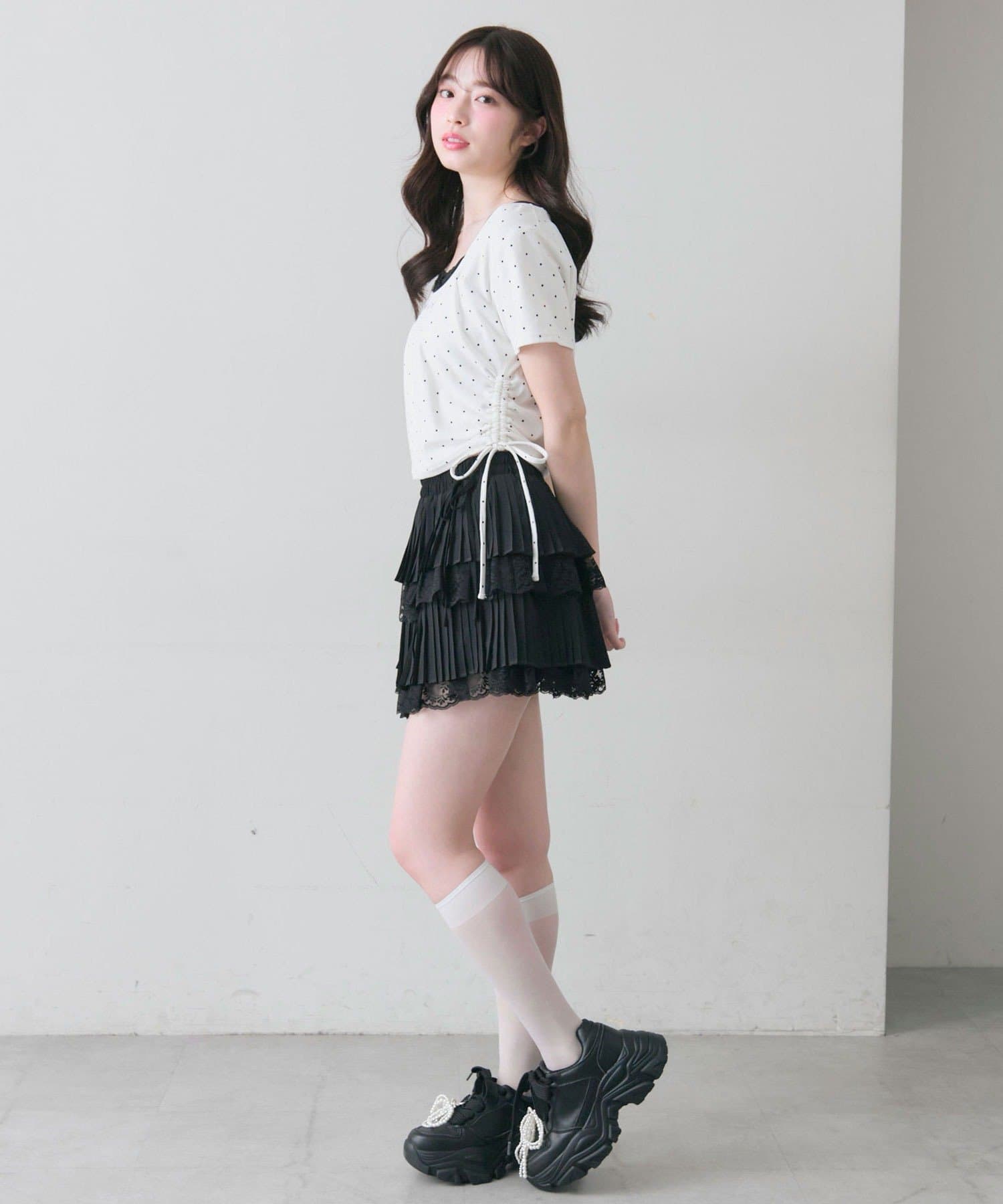 OLIVE des OLIVE(オリーブ デ オリーブ) プリーツレースティアードミニスカート