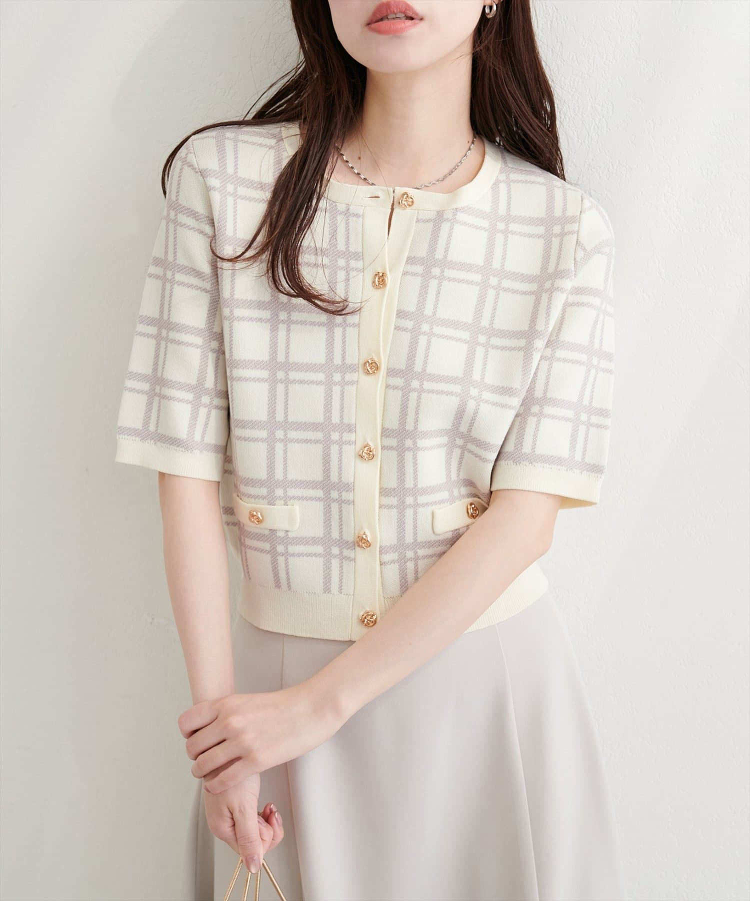 natural couture(ナチュラルクチュール) 麻タッチチェック柄ニット