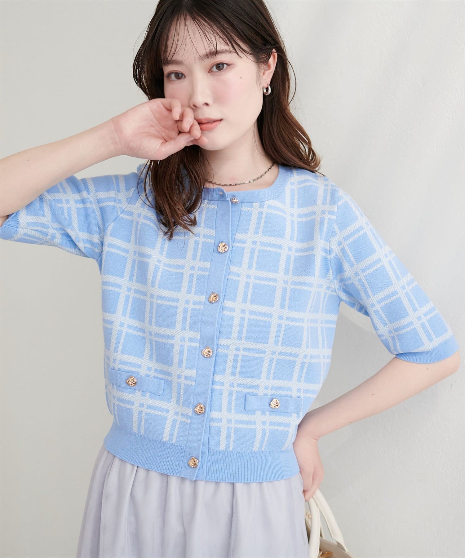 natural couture(ナチュラルクチュール) 麻タッチチェック柄ニット