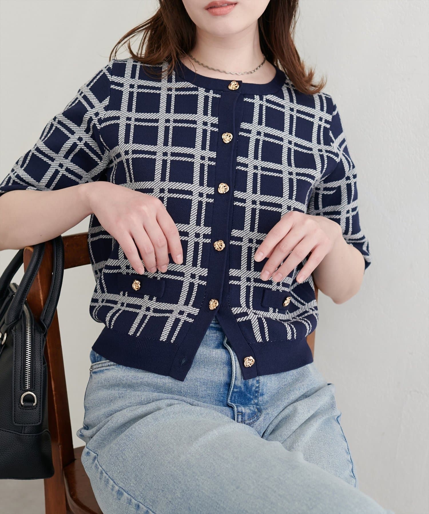 natural couture(ナチュラルクチュール) 麻タッチチェック柄ニット