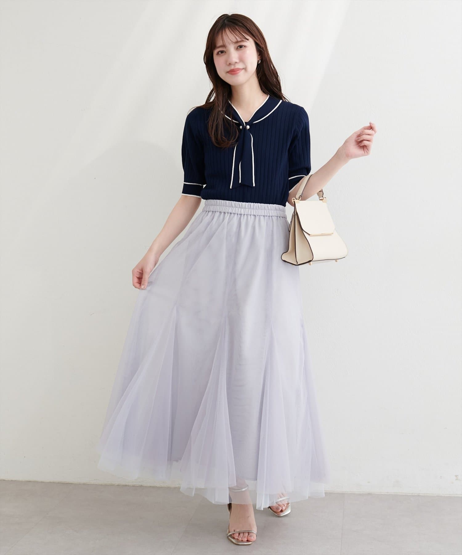 natural couture(ナチュラルクチュール) パール付きボータイバイカラーニット