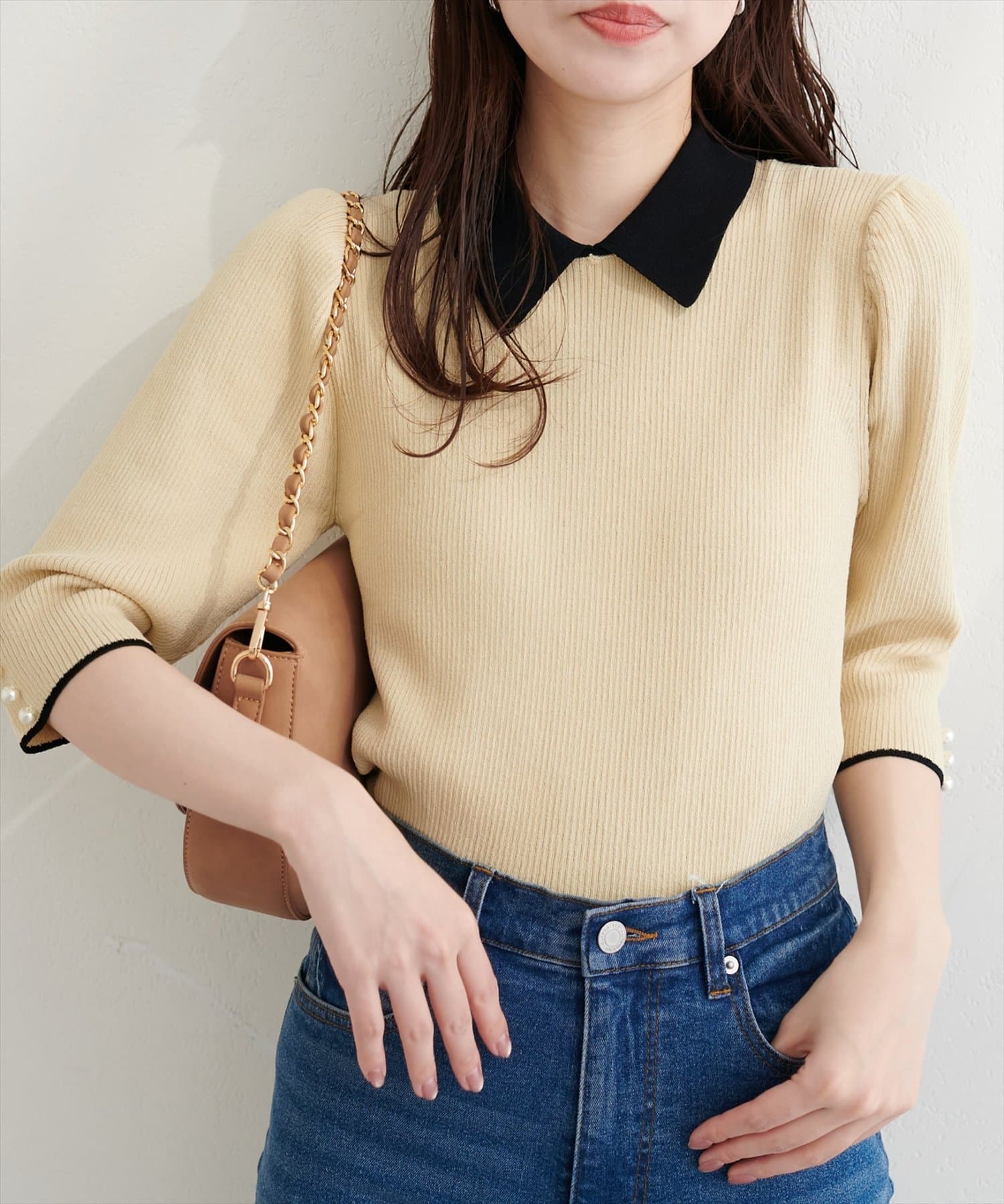 natural couture(ナチュラルクチュール) 配色衿付き6分袖リブニット