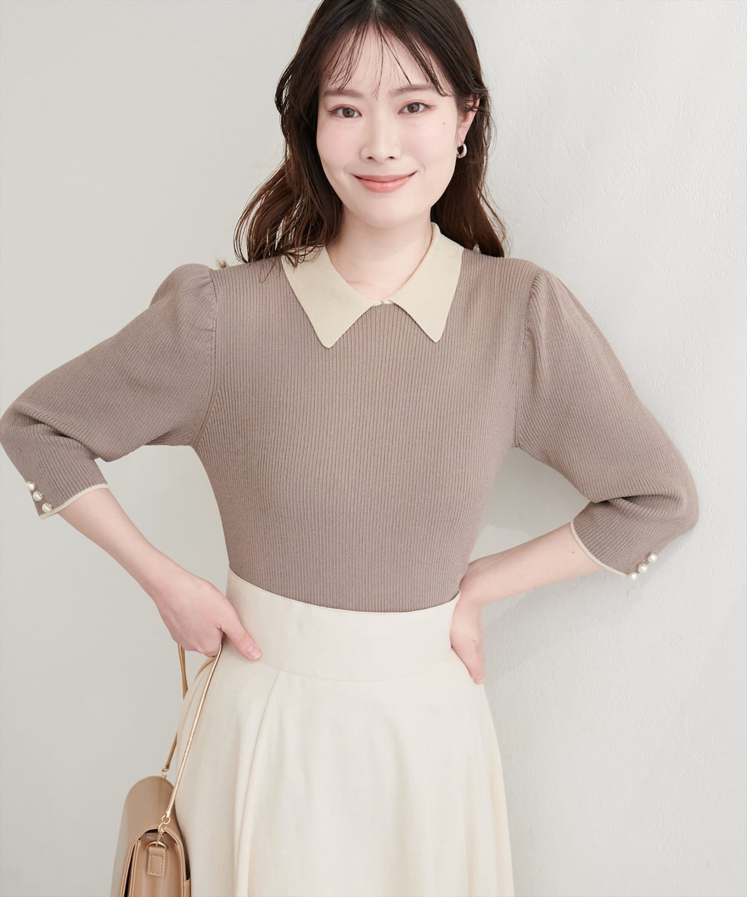 natural couture(ナチュラルクチュール) 配色衿付き6分袖リブニット