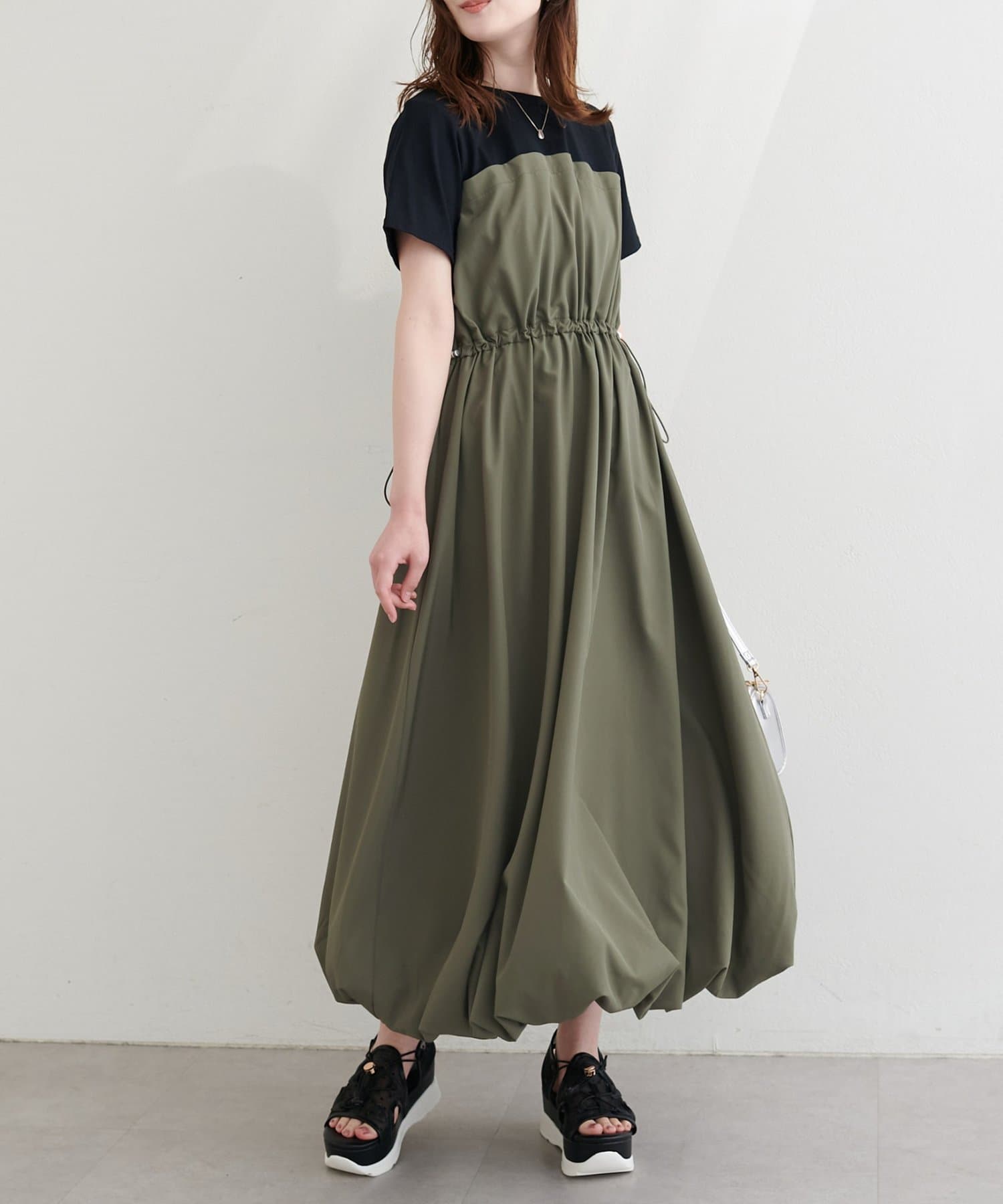 natural couture(ナチュラルクチュール) 半袖ドッキングバルーンワンピース