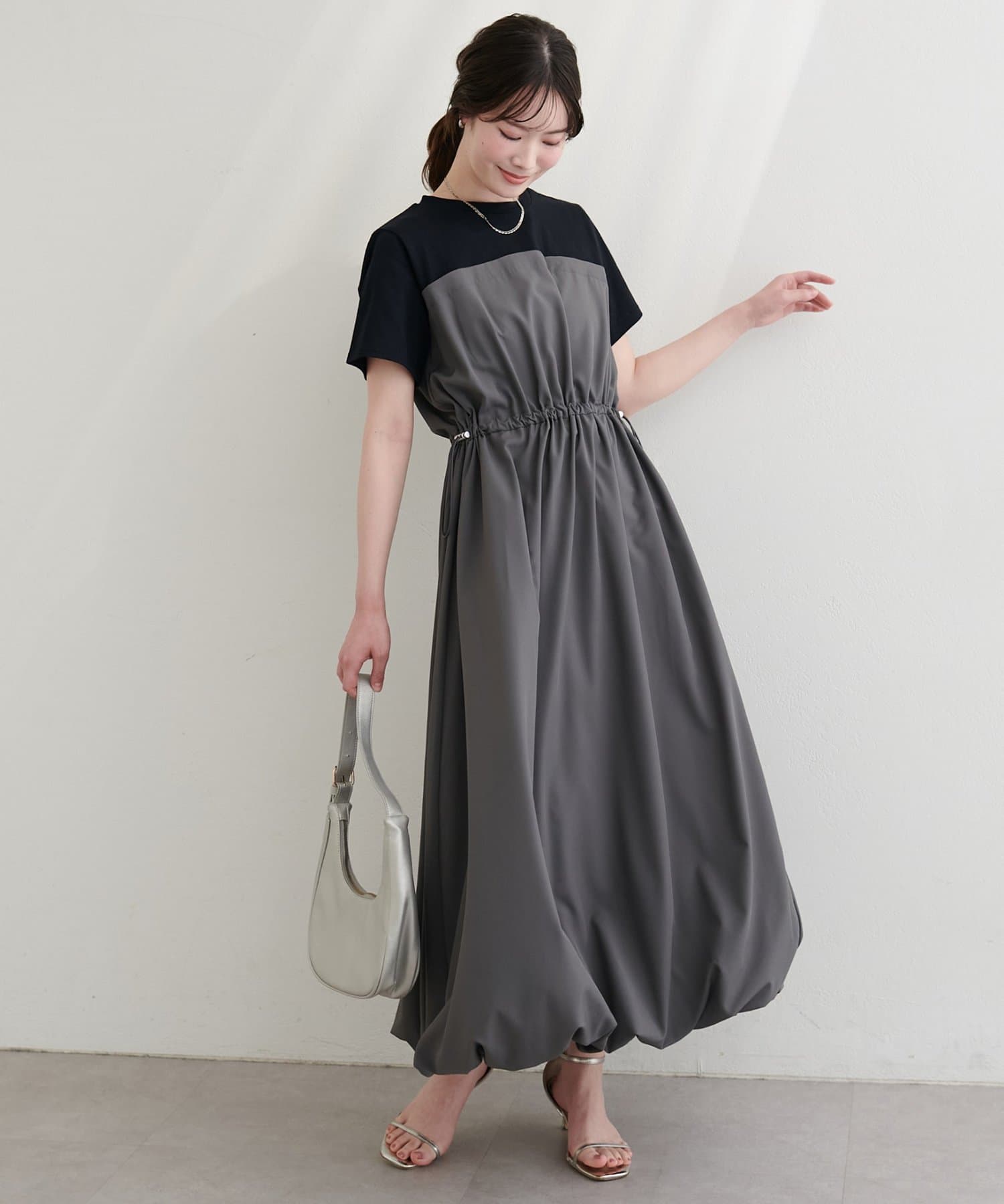 natural couture(ナチュラルクチュール) 半袖ドッキングバルーンワンピース