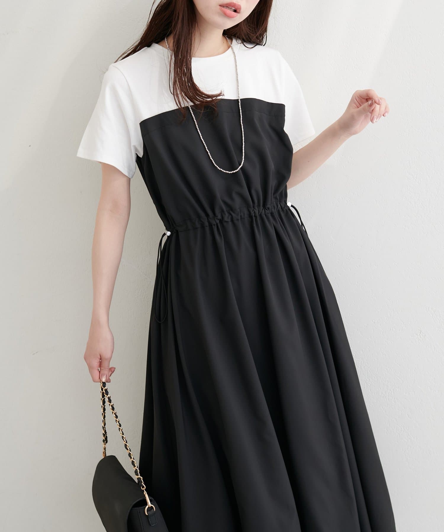 natural couture(ナチュラルクチュール) 半袖ドッキングバルーンワンピース