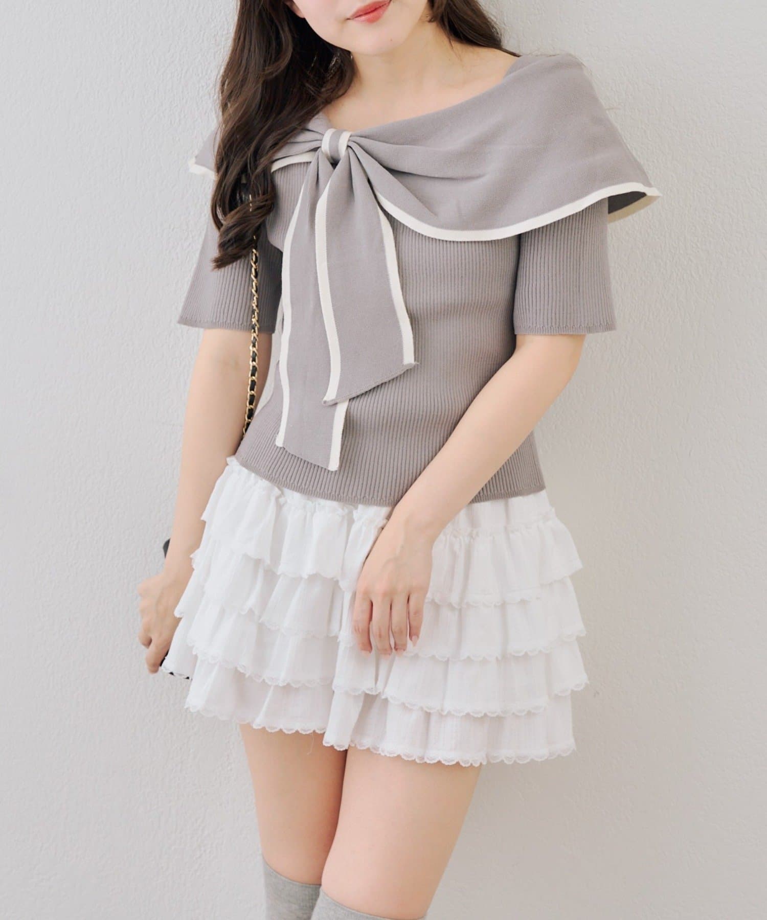 NICE CLAUP / OLIVE des OLIVE OUTLET(ナイスクラップ  / オリーブ デ オリーブ アウトレット) 【ANOTHER BRANCH】配色オフショルリボンプルオーバー