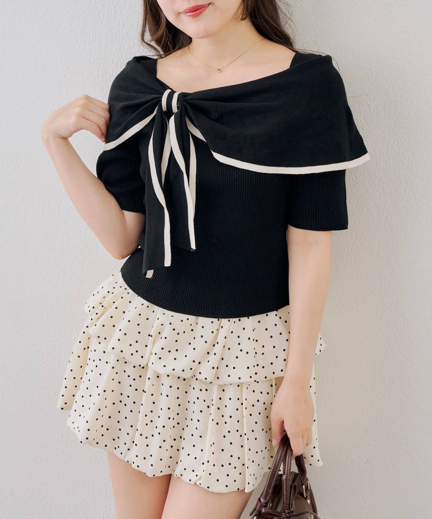 NICE CLAUP / OLIVE des OLIVE OUTLET(ナイスクラップ  / オリーブ デ オリーブ アウトレット) 【ANOTHER BRANCH】配色オフショルリボンプルオーバー